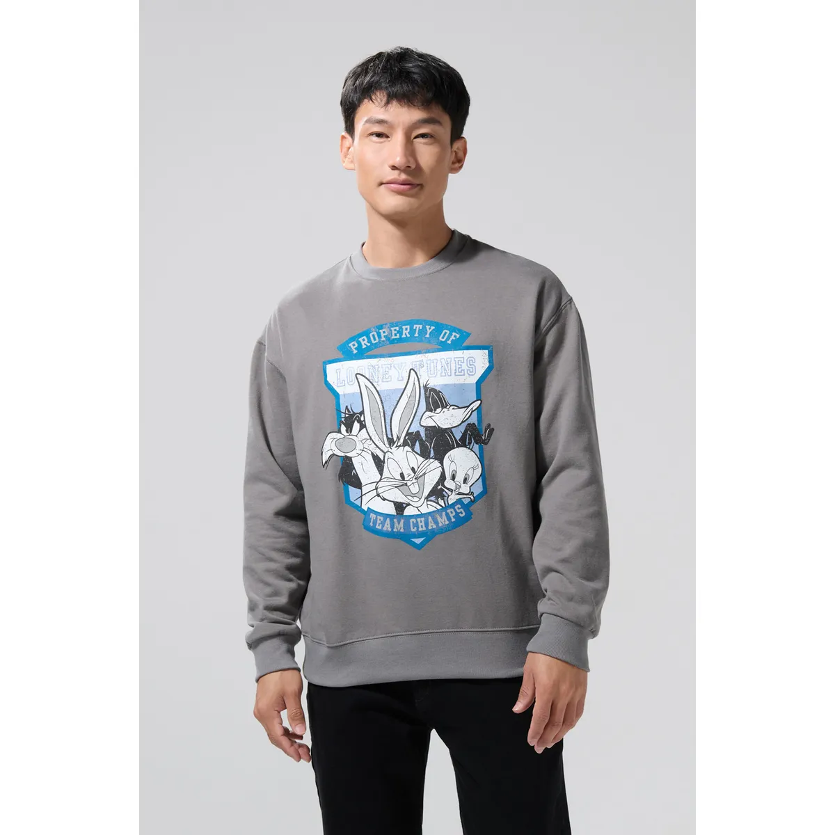 KOAJ - KOAJ Buzo gris intenso cuello redondo de Looney Tunes Hombre