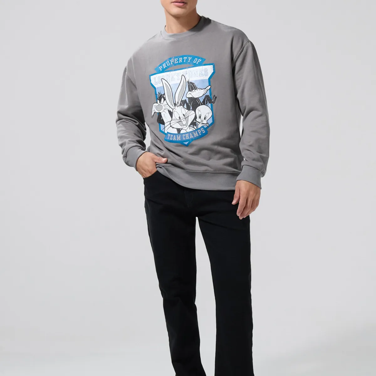 KOAJ - KOAJ Buzo gris intenso cuello redondo de Looney Tunes Hombre