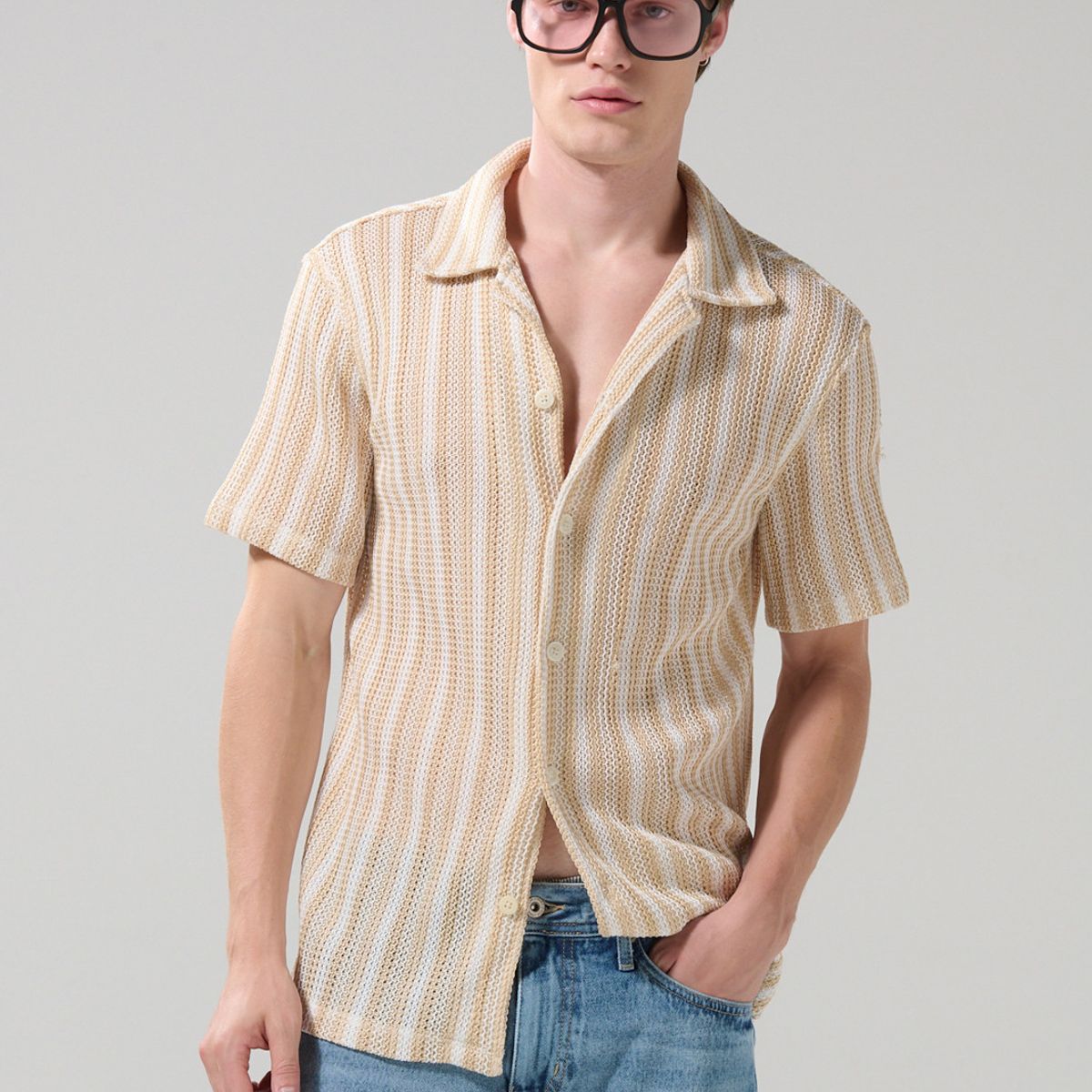 KOAJ - KOAJ Camisa unicolor con rayas, texturas y cuello resort Hombre