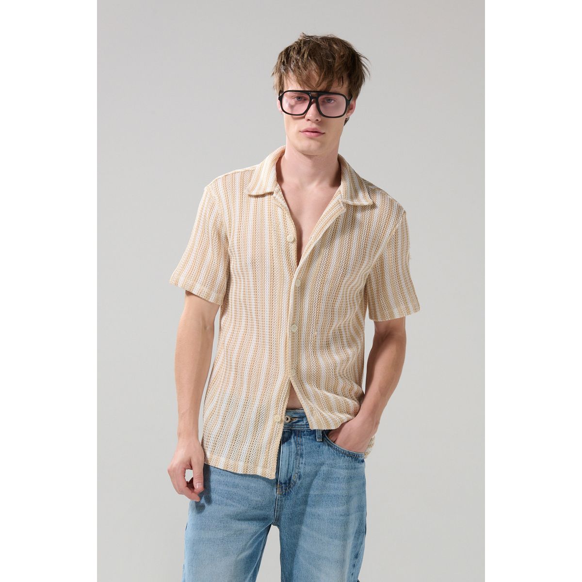 KOAJ - KOAJ Camisa unicolor con rayas, texturas y cuello resort Hombre