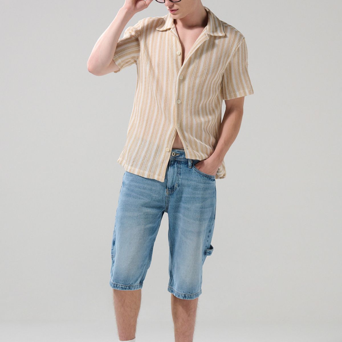 KOAJ - KOAJ Camisa unicolor con rayas, texturas y cuello resort Hombre