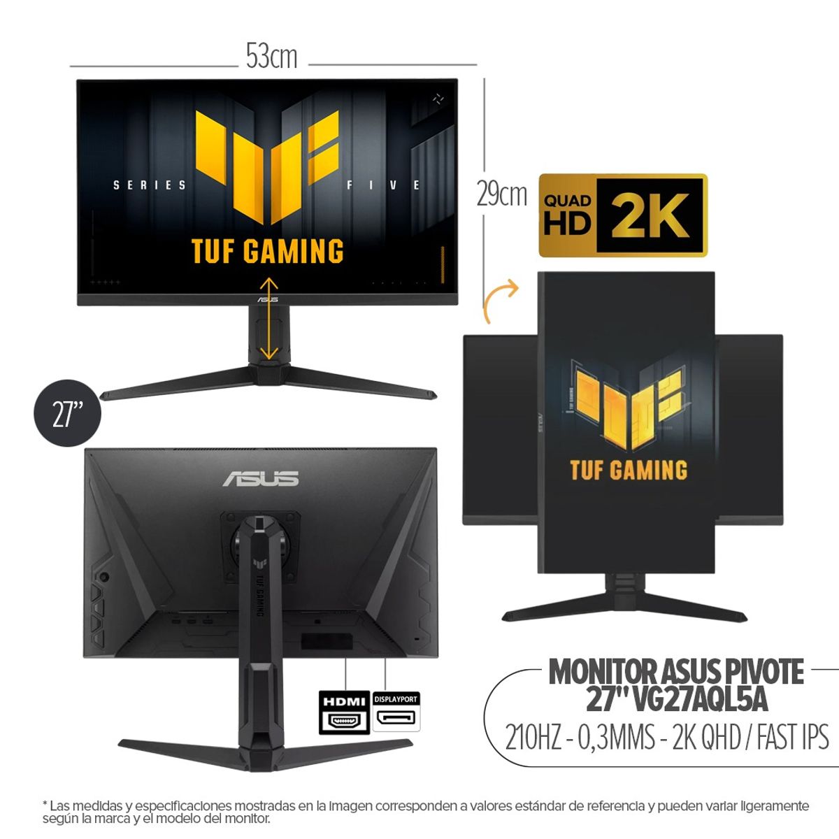 ASUS - MONITIOR GAMER ASUS TUF 27" - 2K WQHD - 210HZ 0.3 MS - FAST IPS - PIVOT sRGB 130% - AMD FreeSync