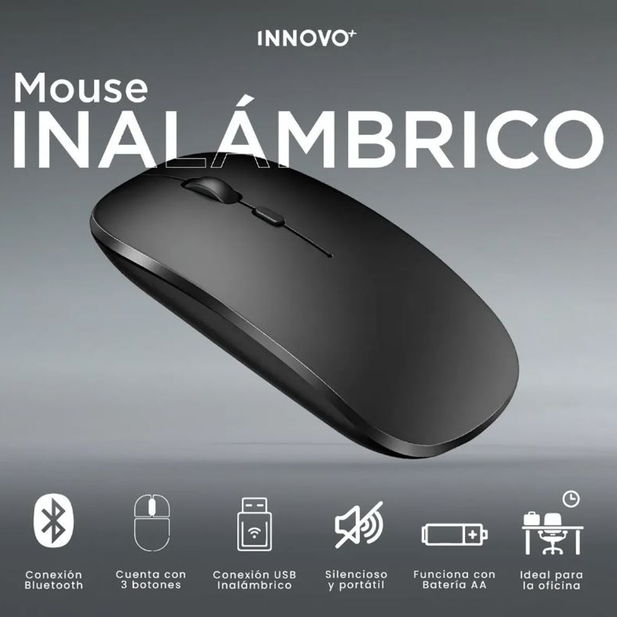 INNOVA - Mouse Inalámbrico Slim 2.4 Ghz Bluetooth Silencioso, Portátil Y Ergonómico Negro Negro