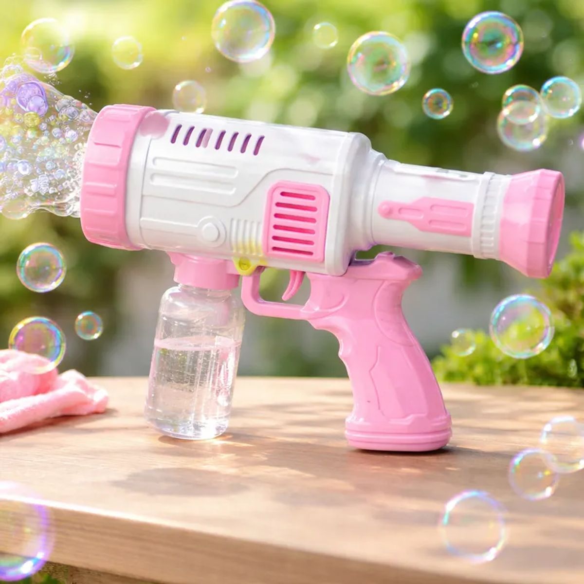 ROCKET - PISTOLA BURBUJERO LANZADOR DE BURBUJAS ROCKET BUBBLE JUGUETE PARA NIÑOS COLOR ROSADO