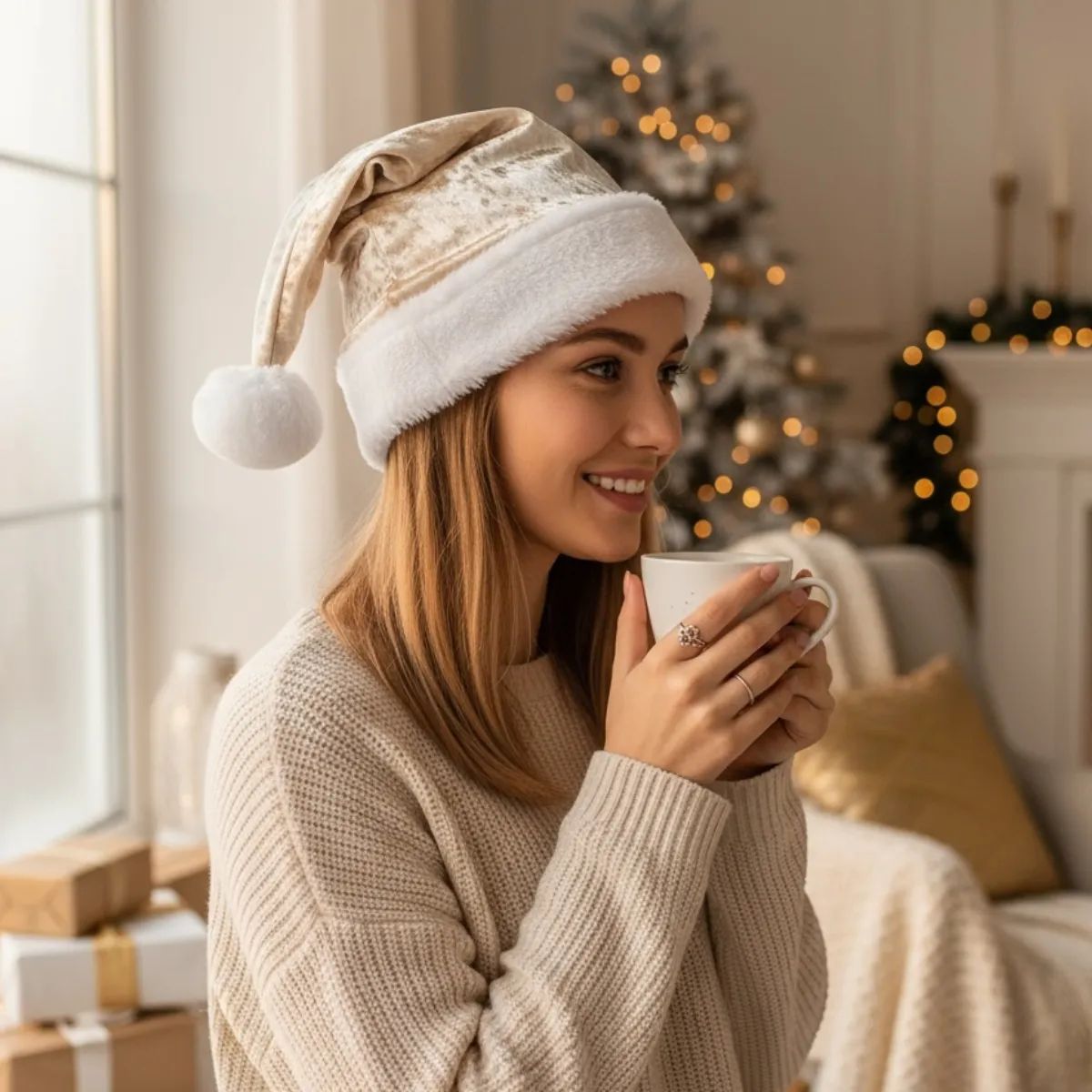 GENERICO - Gorro Navideño En Terciopelo Suave Navidad Adulto Unisex Beige