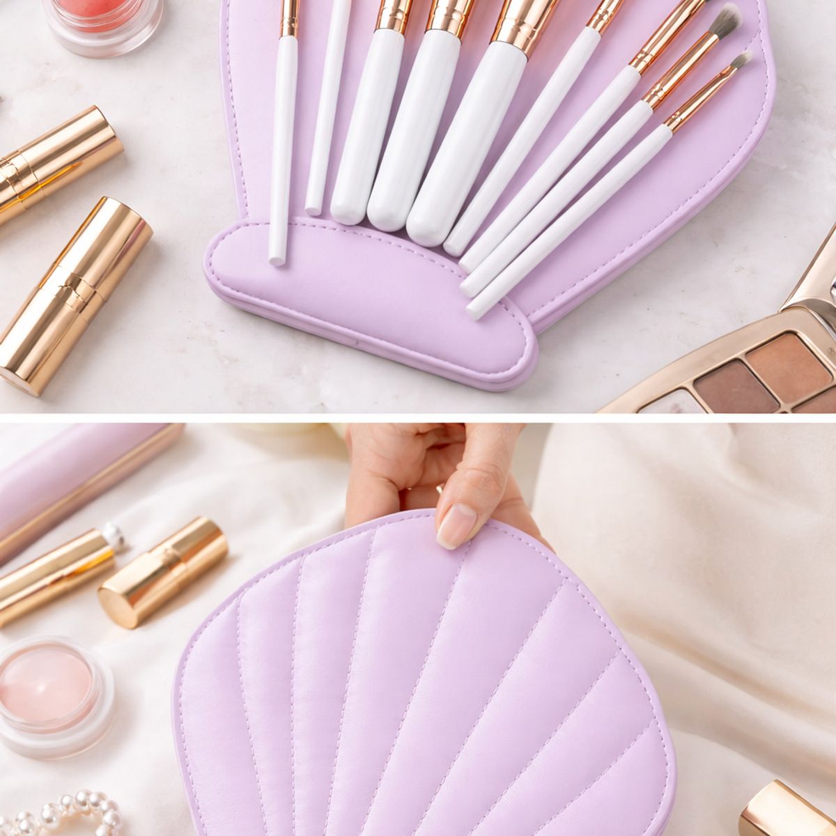 GENERICO - Set de Brochas de Maquillaje Profesional x10 Piezas con Estuche Tipo Concha