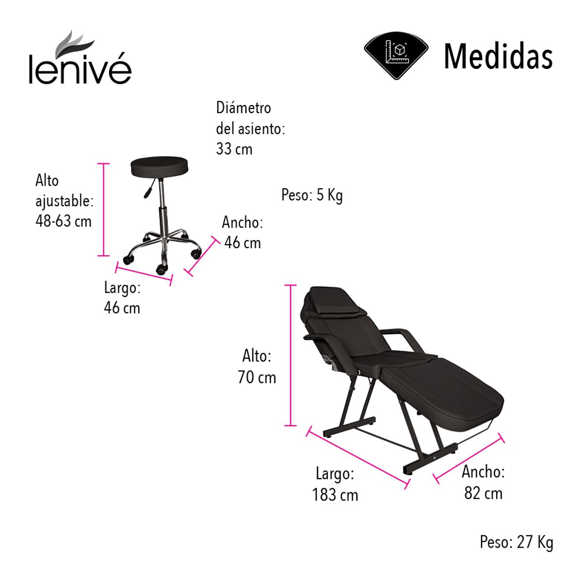 LENIVE - SILLA CAMA PARA FACIALES PROFESIONAL COLOR NEGRO CON BANCO