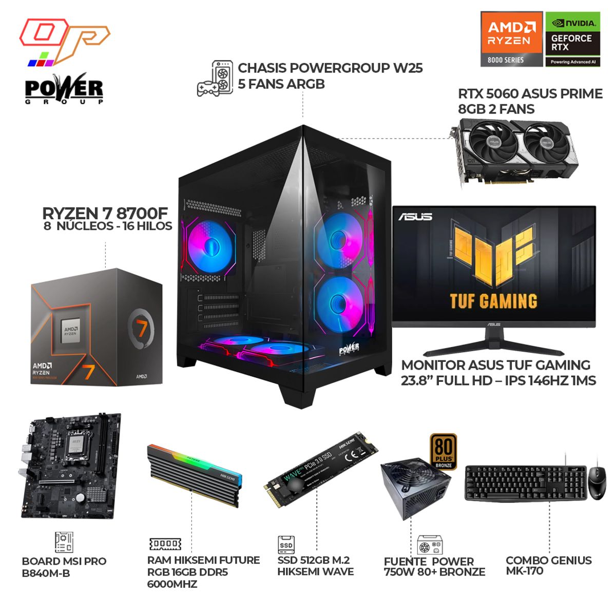 POWER GROUP - PC GAMER RYZEN 7 8700F + RTX 5060 8GB + MONITOR ASUS TUF 24" 146HZ FHD - RAM 16GB DDR5 - SSD 512GB