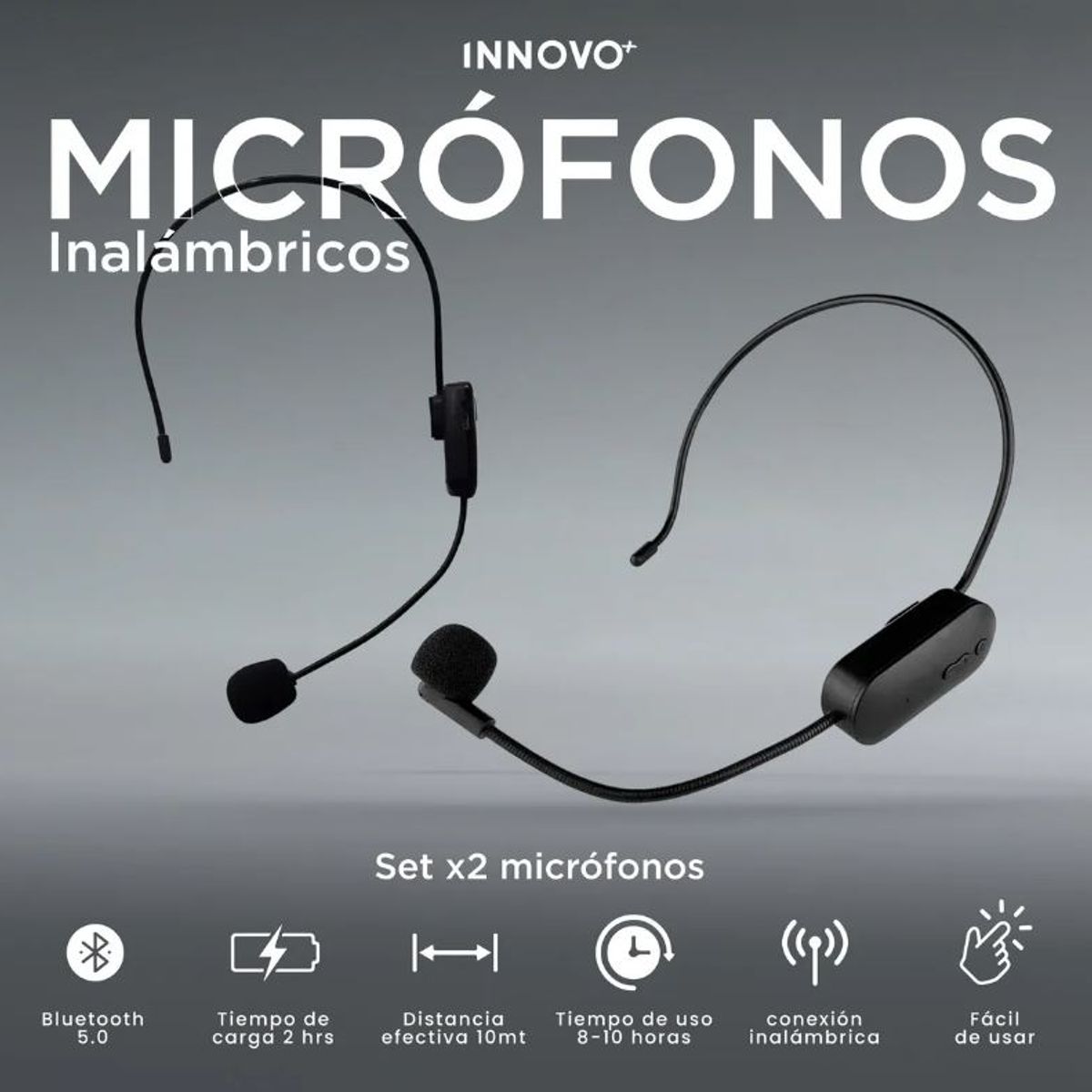 INNOVA - Micrófono Conferencia Inalámbrico Diadema Bluetooth 5.0 Set X2 Profesional Recargable Negro Negro