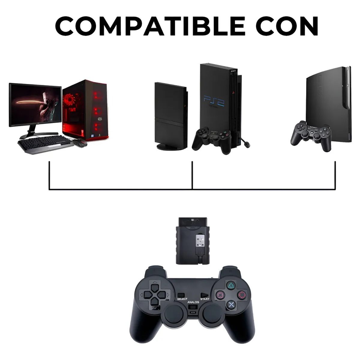 GENERICO - Control Inalambrico Compatible Para Ps2 Doble Vibración Negro