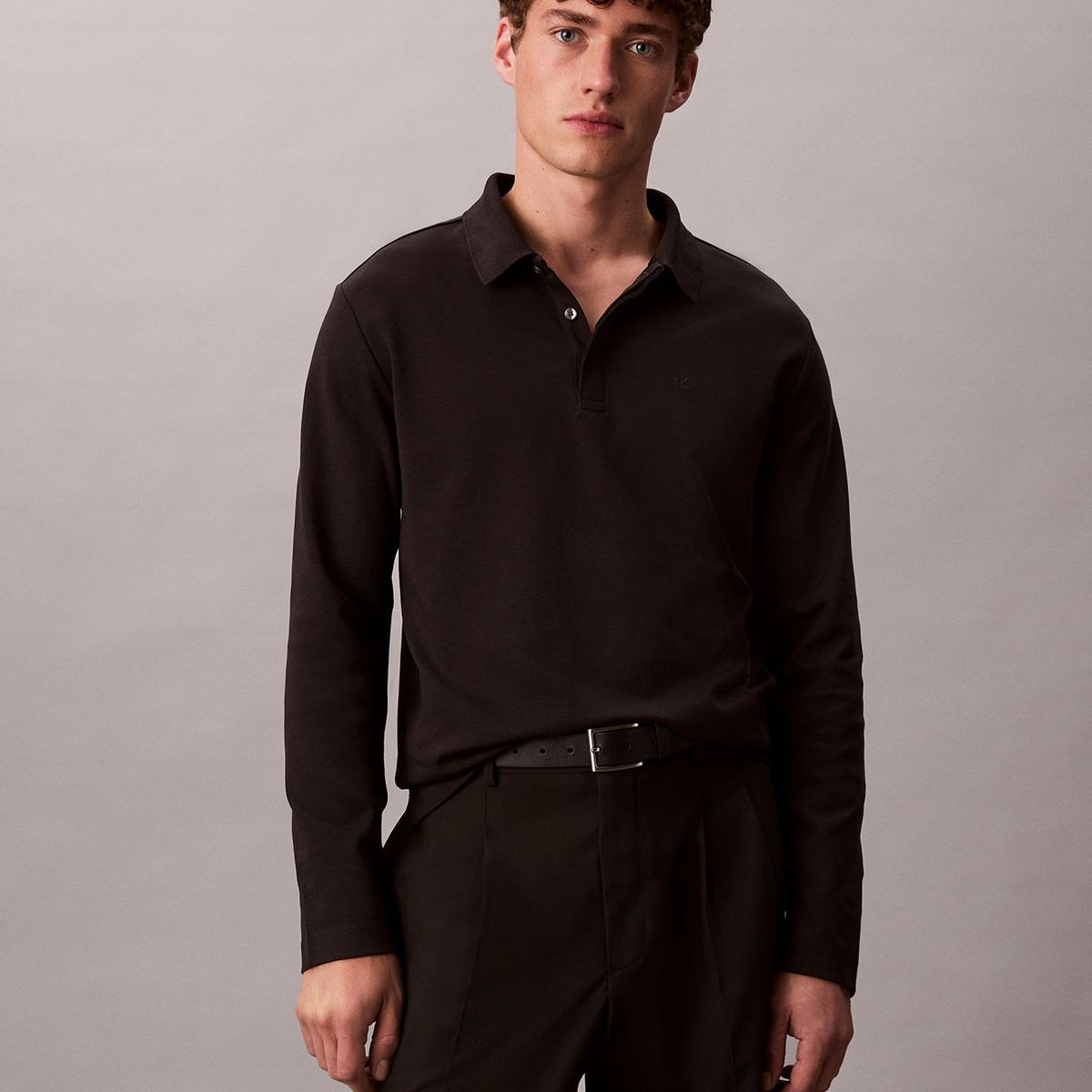 CALVIN KLEIN - Polo negro manga larga de algodón premium con tejido interlock Calvin Klein