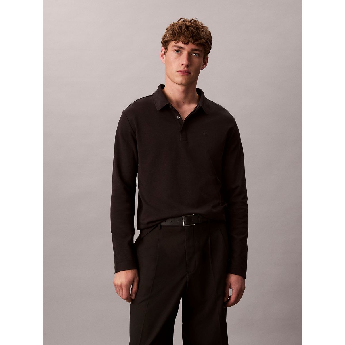 CALVIN KLEIN - Polo negro manga larga de algodón premium con tejido interlock Calvin Klein