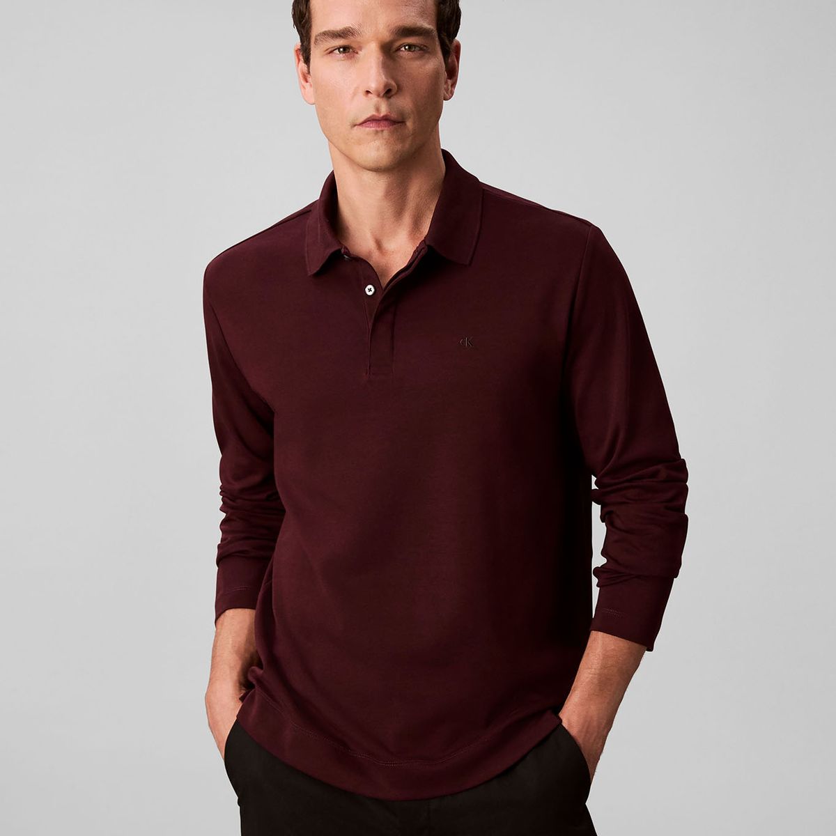 CALVIN KLEIN - Polo chocolate manga larga de algodón premium con tejido interlock Calvin Klein