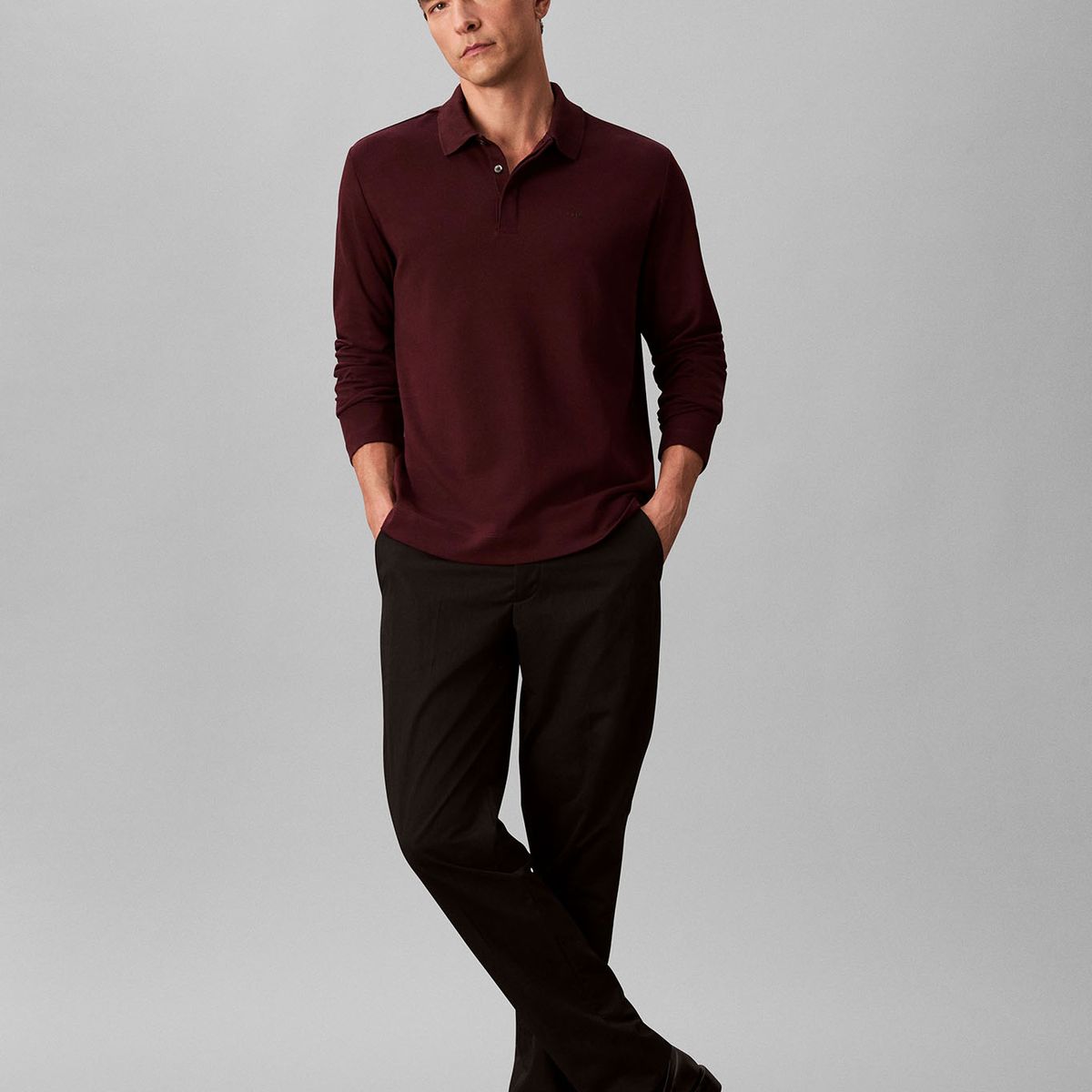 CALVIN KLEIN - Polo chocolate manga larga de algodón premium con tejido interlock Calvin Klein