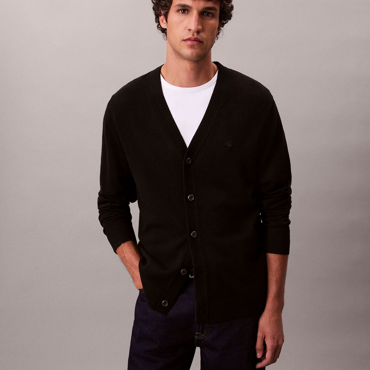 CALVIN KLEIN - Cárdigan negro ligero de manga larga en lana merino Calvin Klein