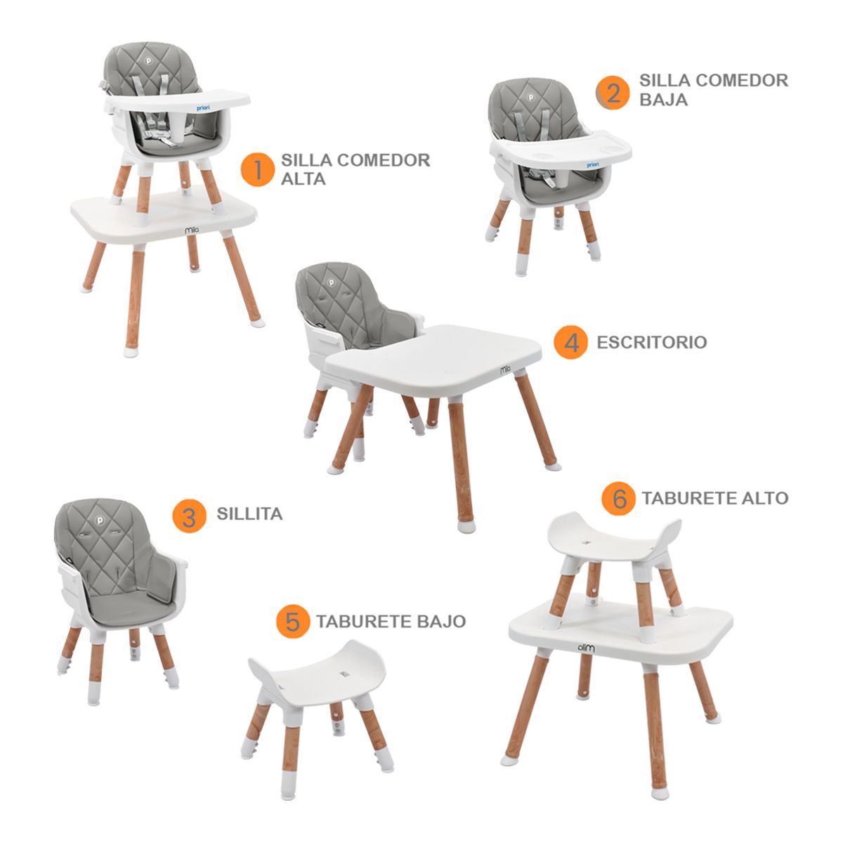 PRIORI - Silla Comedor Bebé 6 en 1 Mila Gris Priori