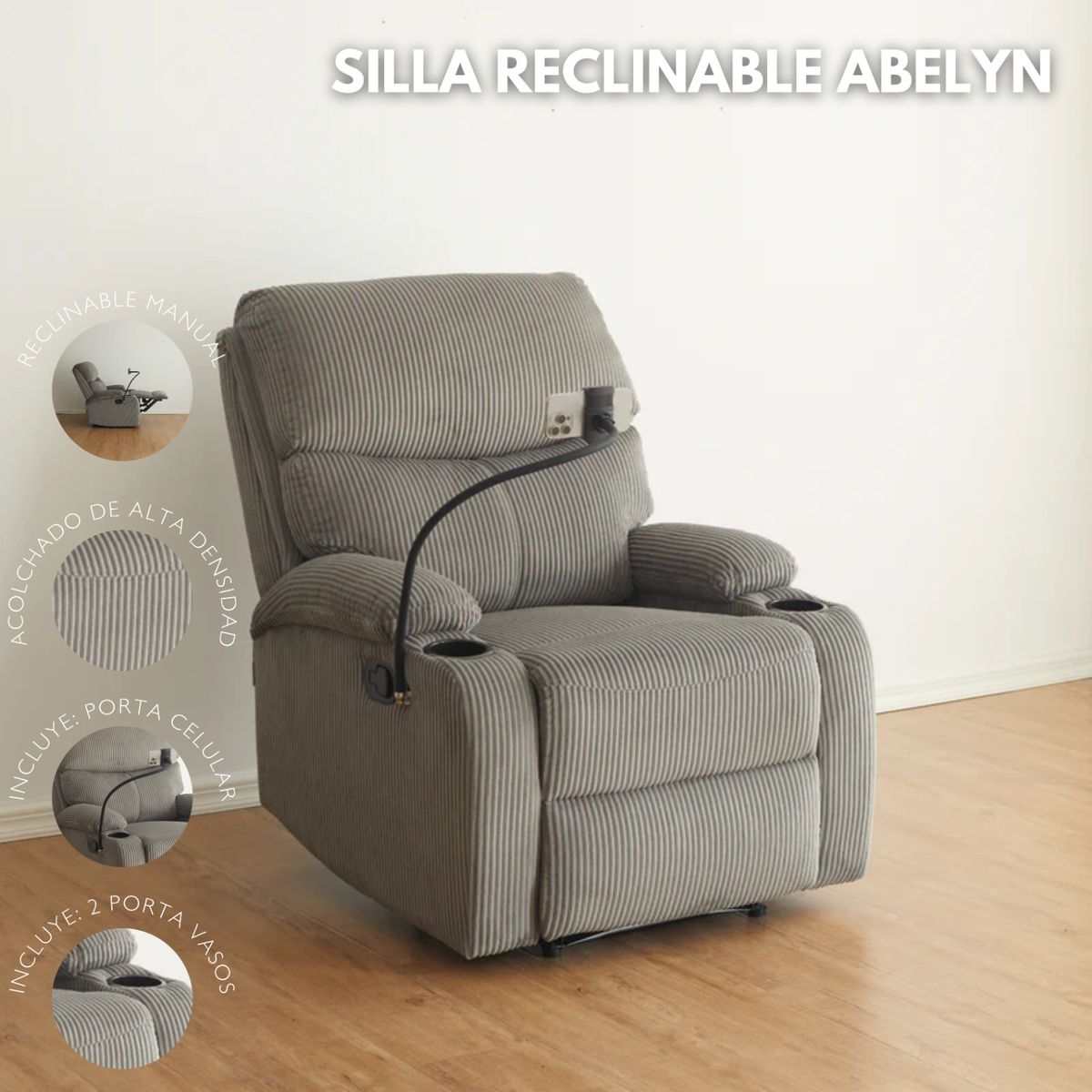 MUEBLES FIOTTI - Silla reclinable con soporte Celular Gris Abelyn