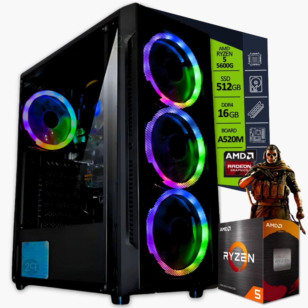AMD - PC Gamer Ryzen 5 5600G/ RAM 16GB / SSD 512GB / Board A520 / 350W Estándard