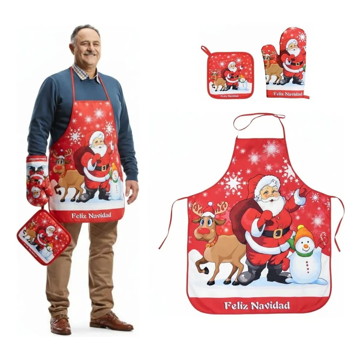 GENERICO - Delantal Cocina Navideño Kit Guante Y Agarradera Chef