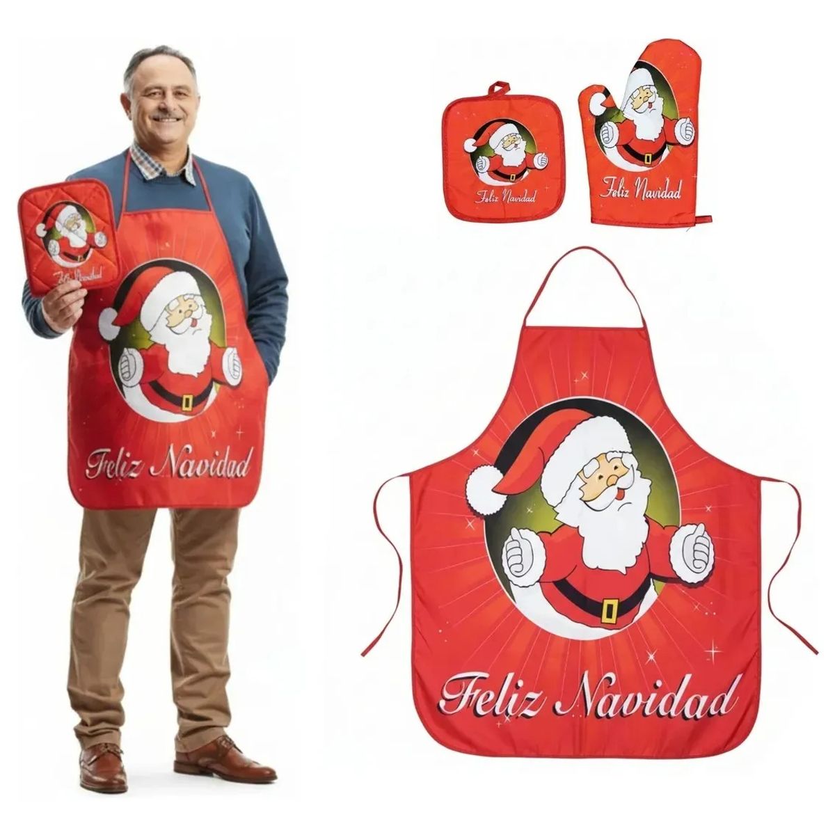 GENERICO - Delantal Cocina Navideño Kit Guante Y Agarradera Chef