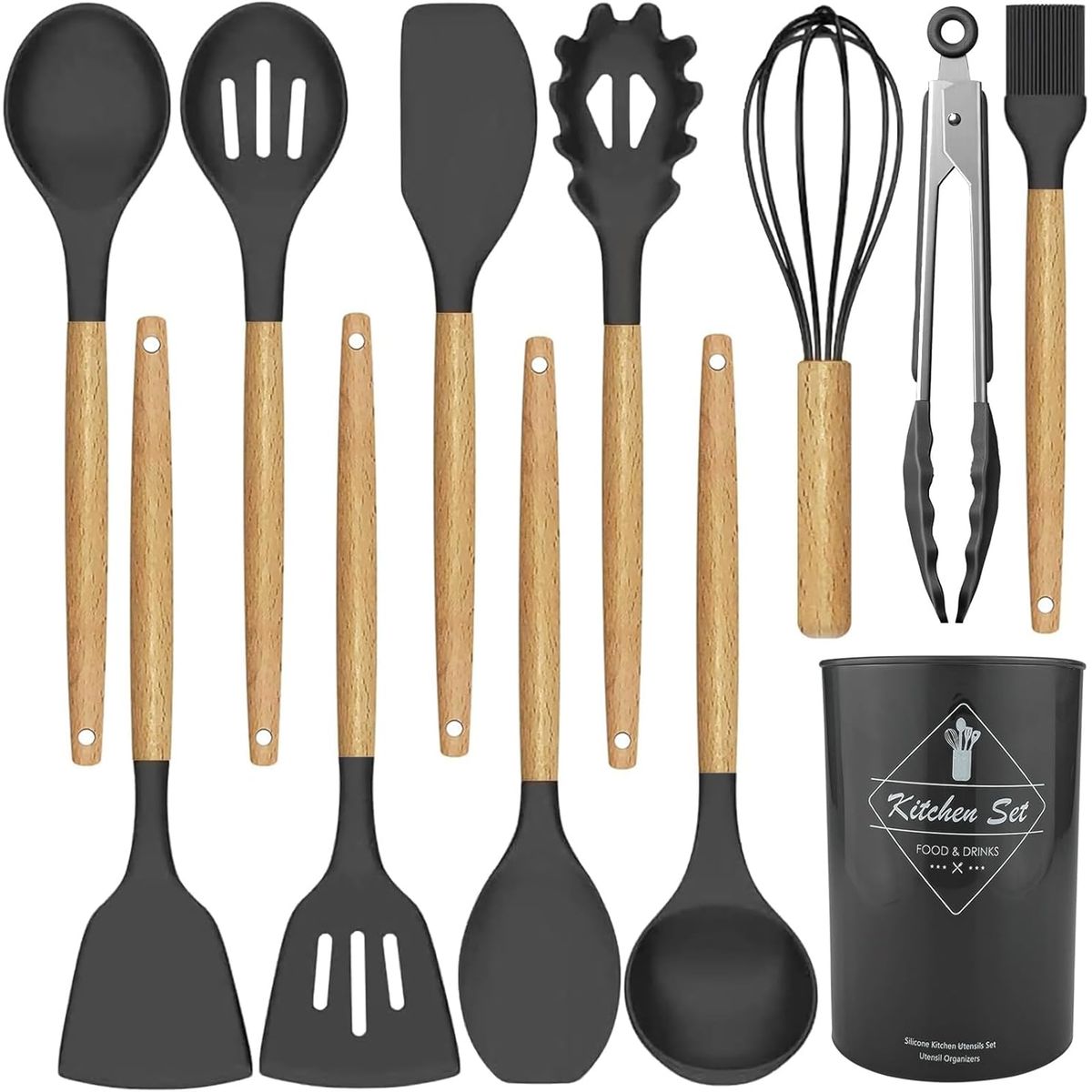 HOME - SET DE UTENSILIOS DE COCINA 12 PIEZAS EN SILICONA Y BAMBU