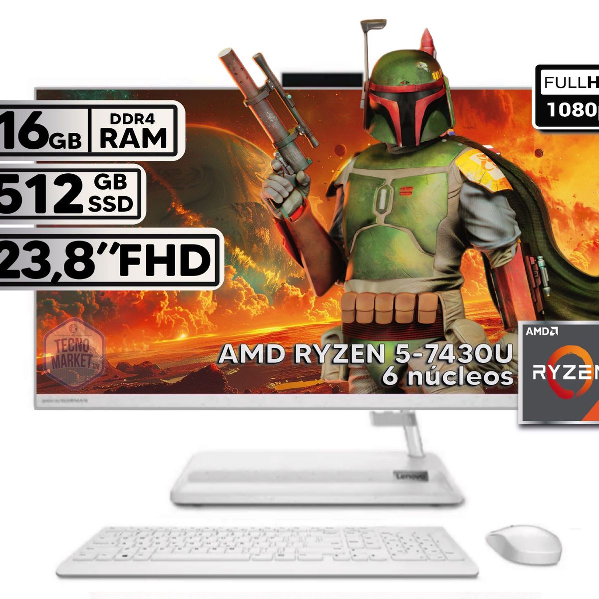 LENOVO - TODO EN UNO LENOVO 24ALC6 RYZEN 5-7430U 16GB RAM 512GB SSD 24 FHD BLANCO