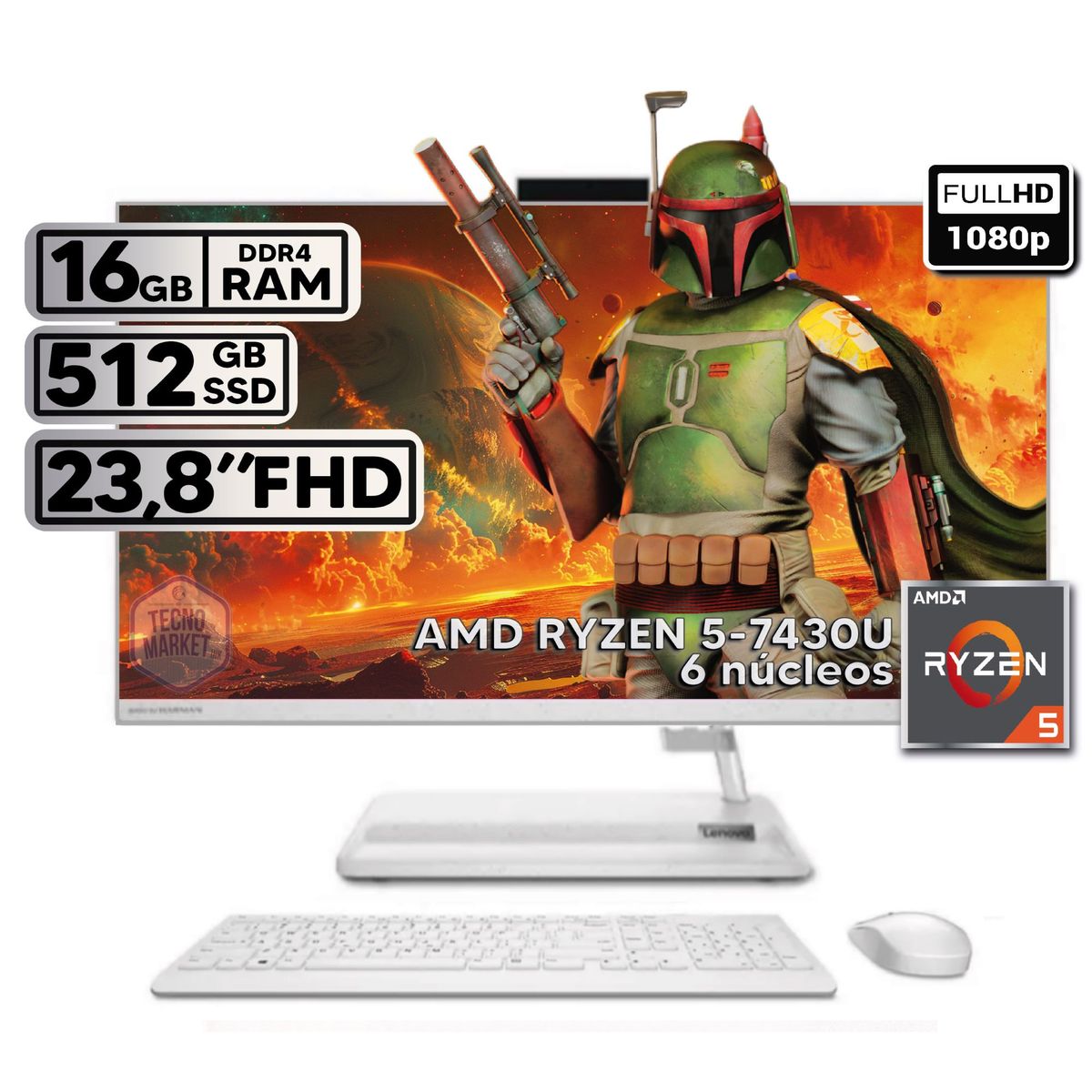 LENOVO - TODO EN UNO LENOVO 24ALC6 RYZEN 5-7430U 16GB RAM 512GB SSD 24 FHD BLANCO