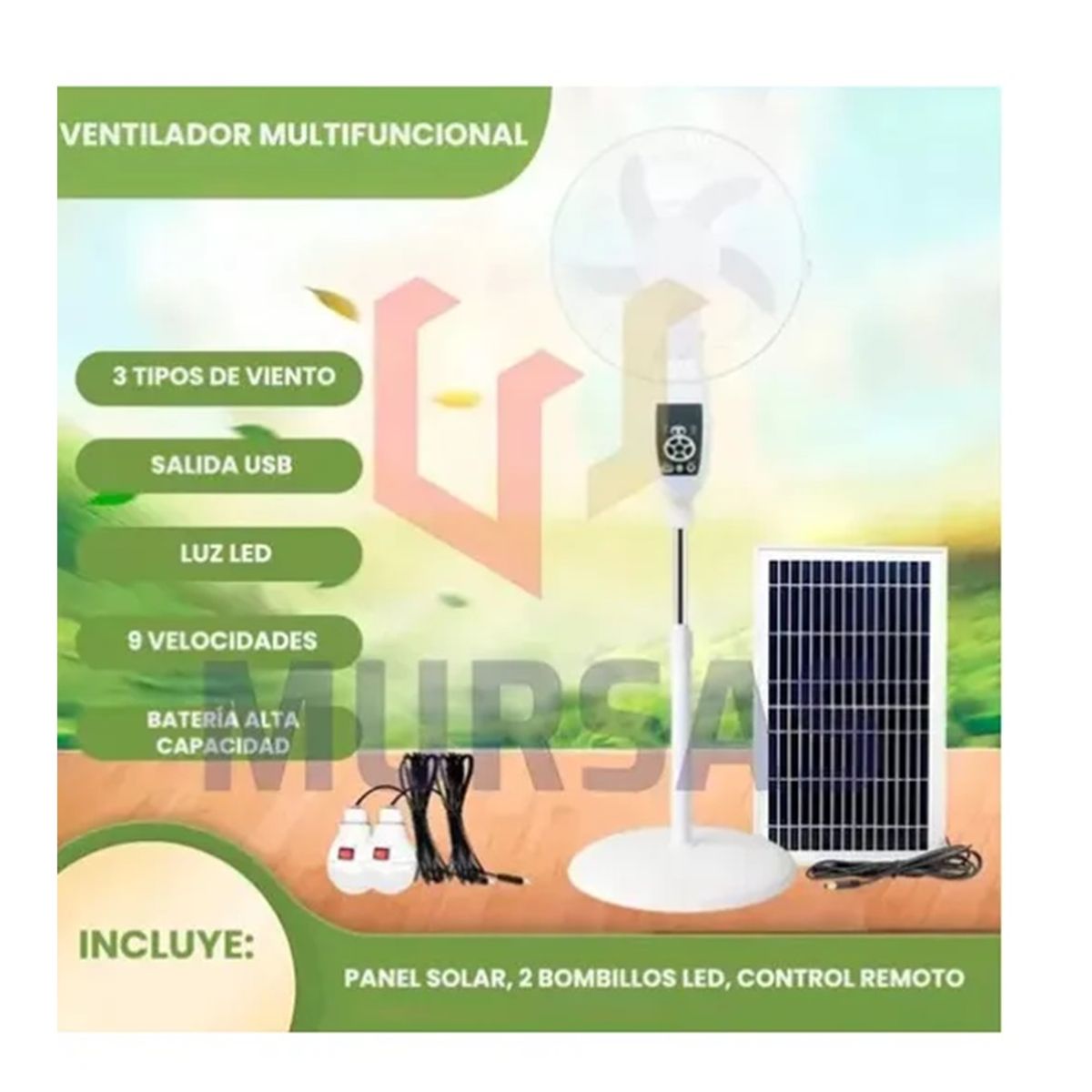 GENERICO - Ventilador de Piso Recargable con Lampara Panel Solar y Control Remoto