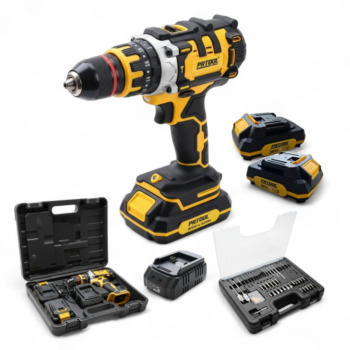 PROTOOL - Taladro Percutor Inalámbrico 13mm Prtool 36v +59 Accesorios Amarillo 110v 50hz60hz