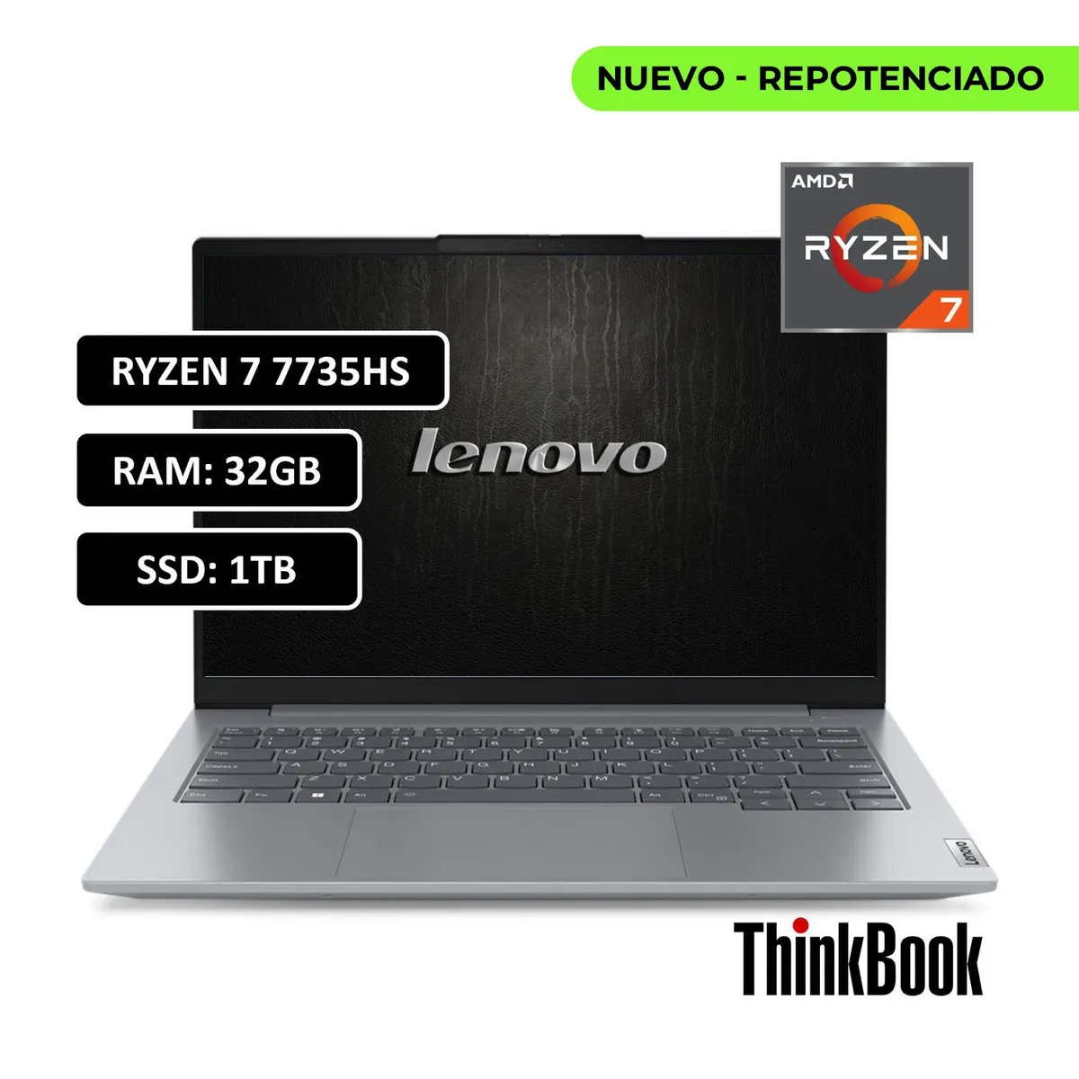 Lenovo - PORTATIL LENOVO THINKBOOK RYZEN 7 7735HS - 32GB DDR5 - 1TB SSD - 14" WUXGA - RJ45 - WIN 11 PRO
