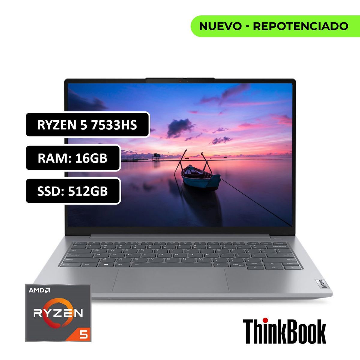 LENOVO - PORTATIL LENOVO THINKBOOK AMD RYZEN 5 7533HS - 16GB DDR5 - 512GB SSD - 14" WUXGA - RJ45 - WIN11 PRO