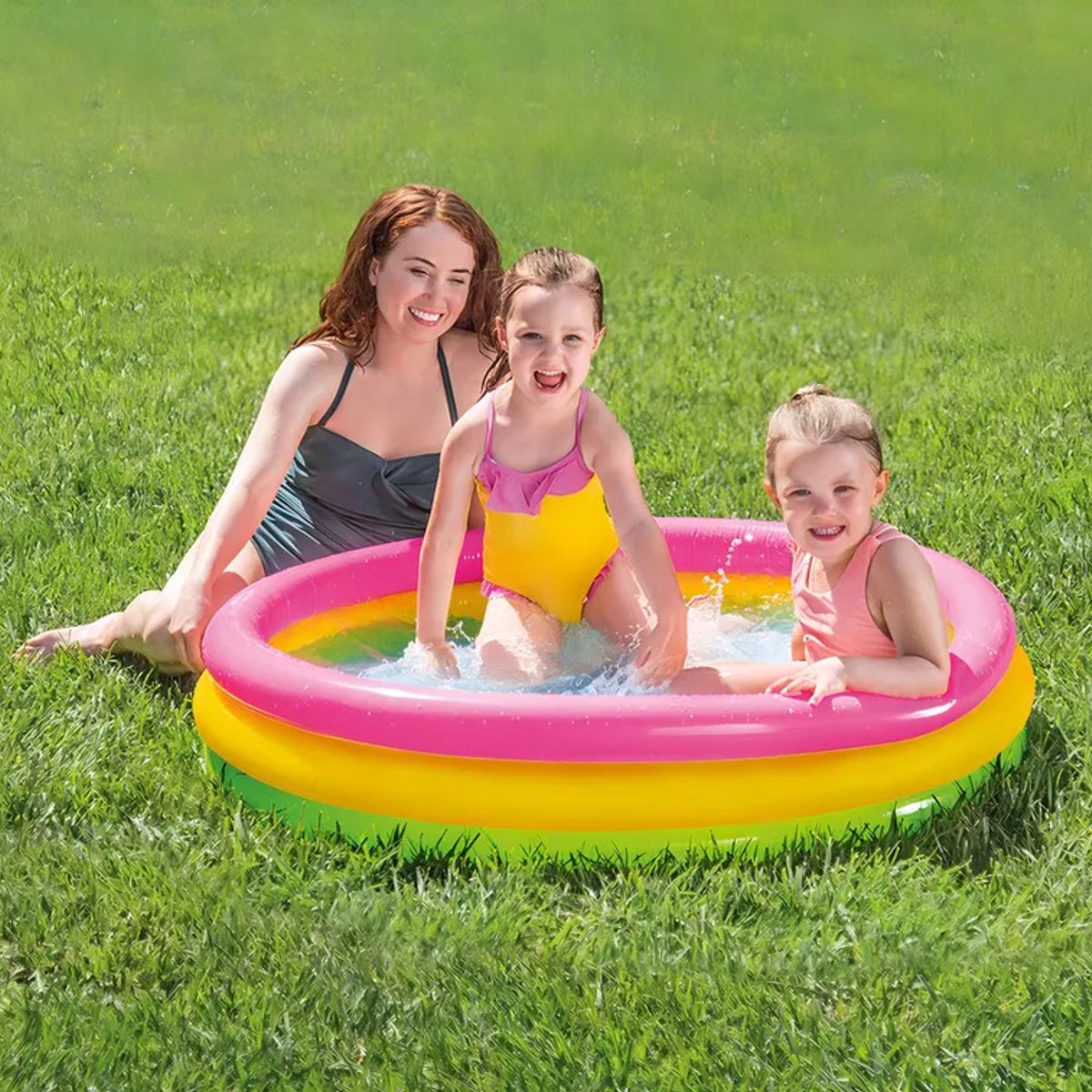 BABY ON - Piscina inflable redonda Multicolor de 114m X 25cm 131l Ro rosa y amarilla y verde caja