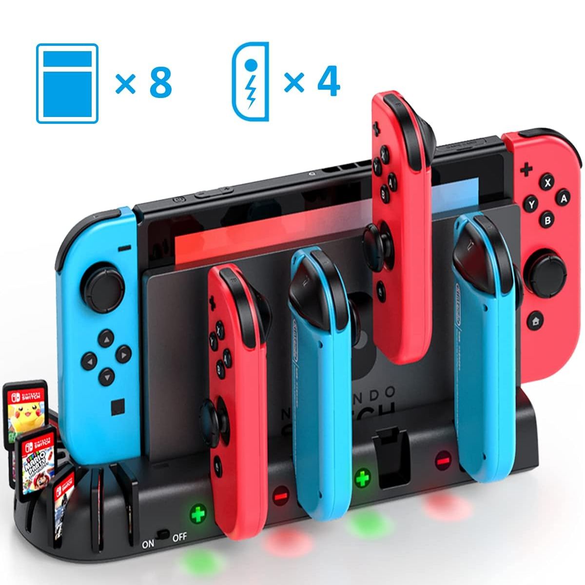 GAME TIME - Soporte Base cargador controles Joycons-Dock Nintendo switch Y Oled- 8 portajuegos con Indicador Led