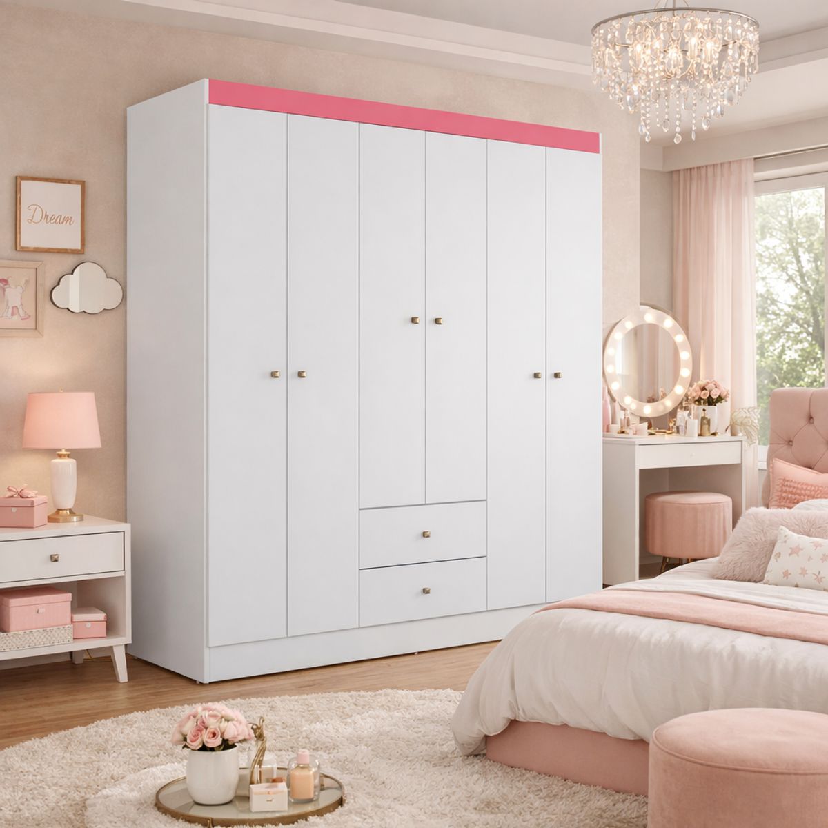 GENERICO - Clóset o Armario 6 puertas 2 cajones blanco con detalle rosado 153cm