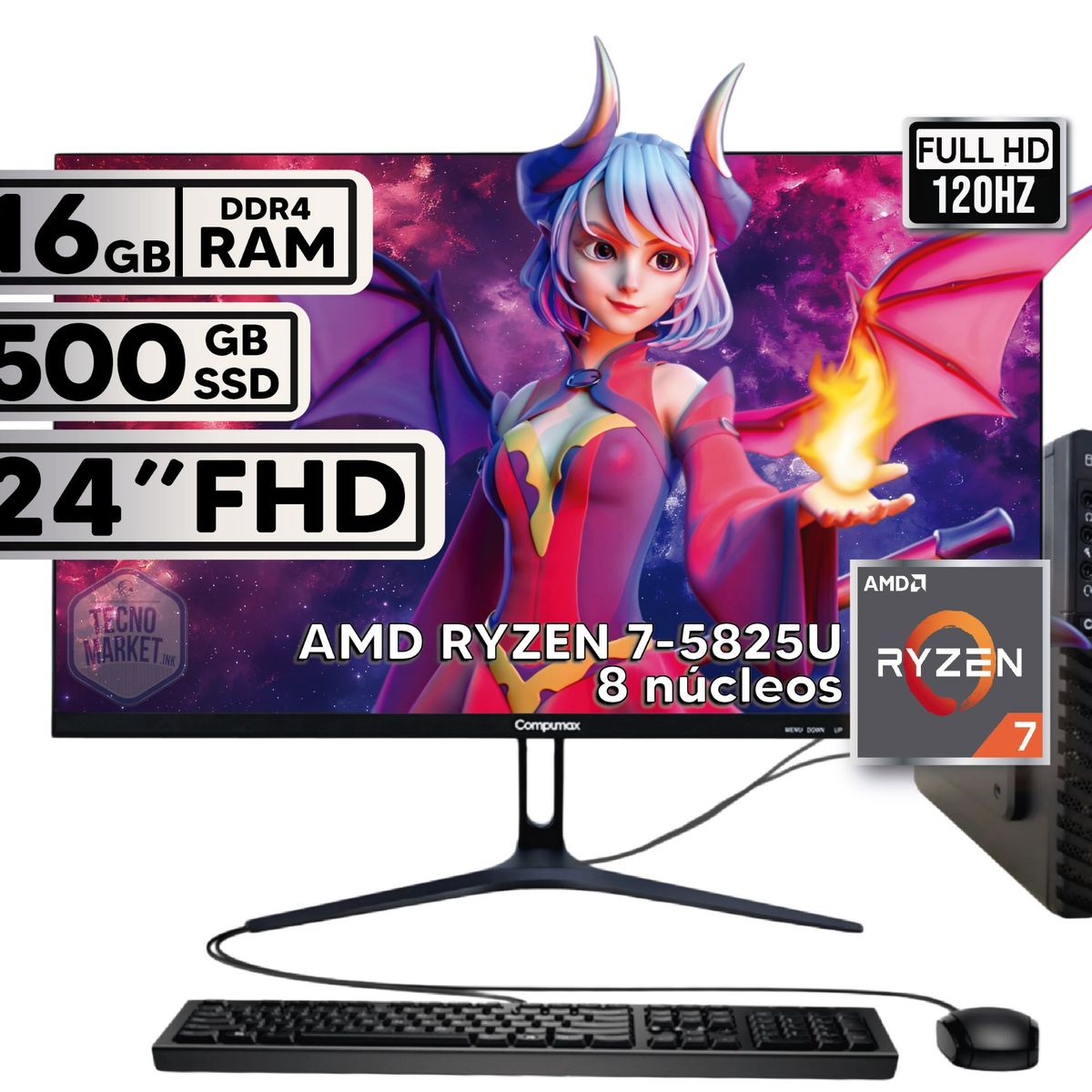 COMPUMAX - MINI PC DE MESA COMPUMAX RYZEN 7-5825U 16GB 500GB SSD MONITOR 24 FHD