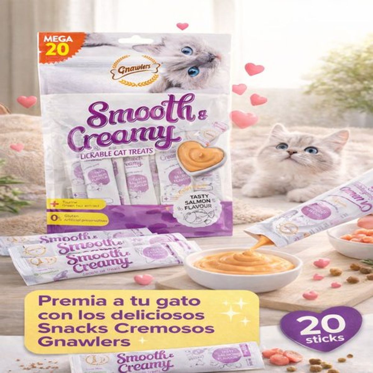 GENERICO - Snacks Cremosos Para Gato Gnawlers Salmón 20 Unidades