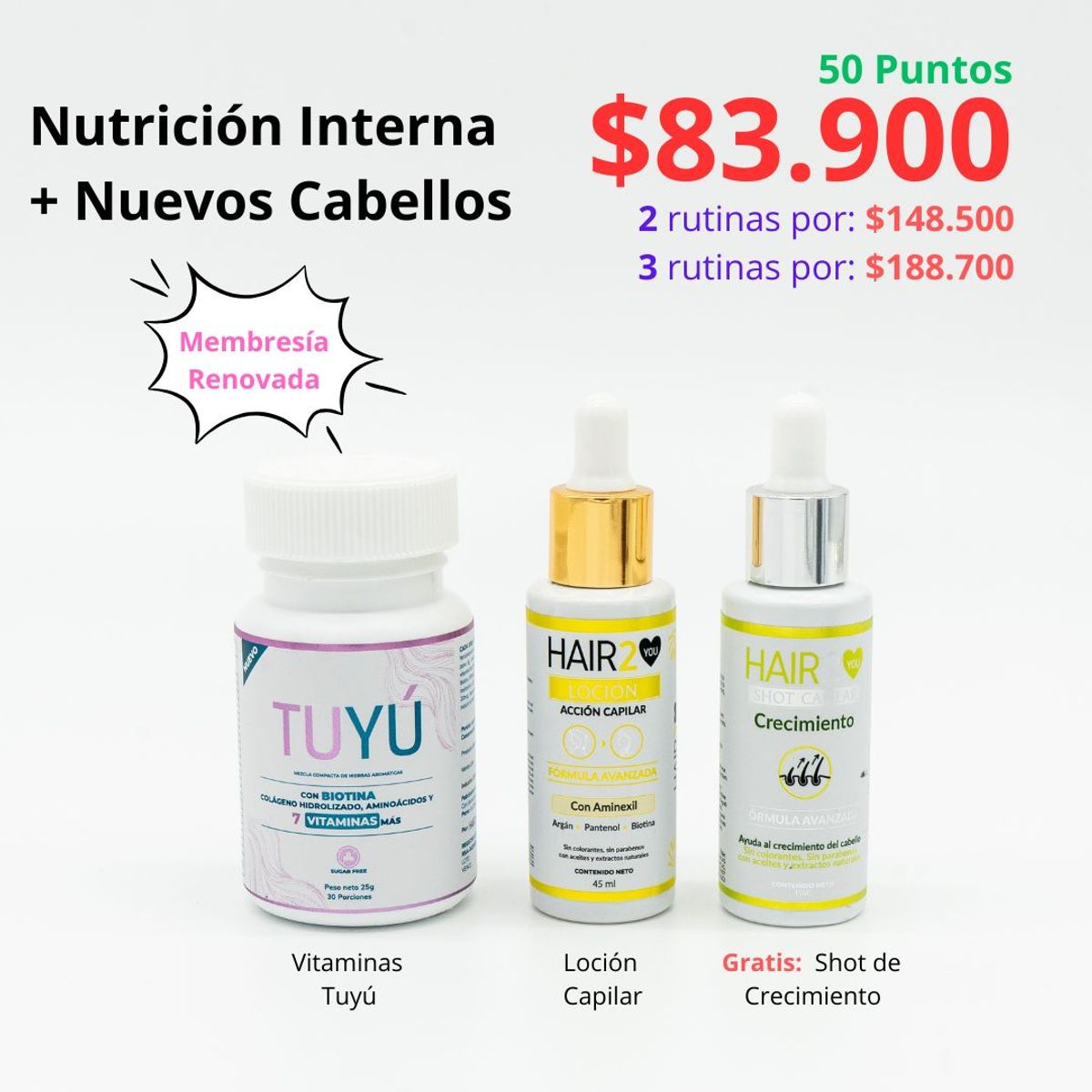 HAIR2YOU - Rutina contra la caída del cabello x Vitaminas + Loción capilar + shot de crecimiento