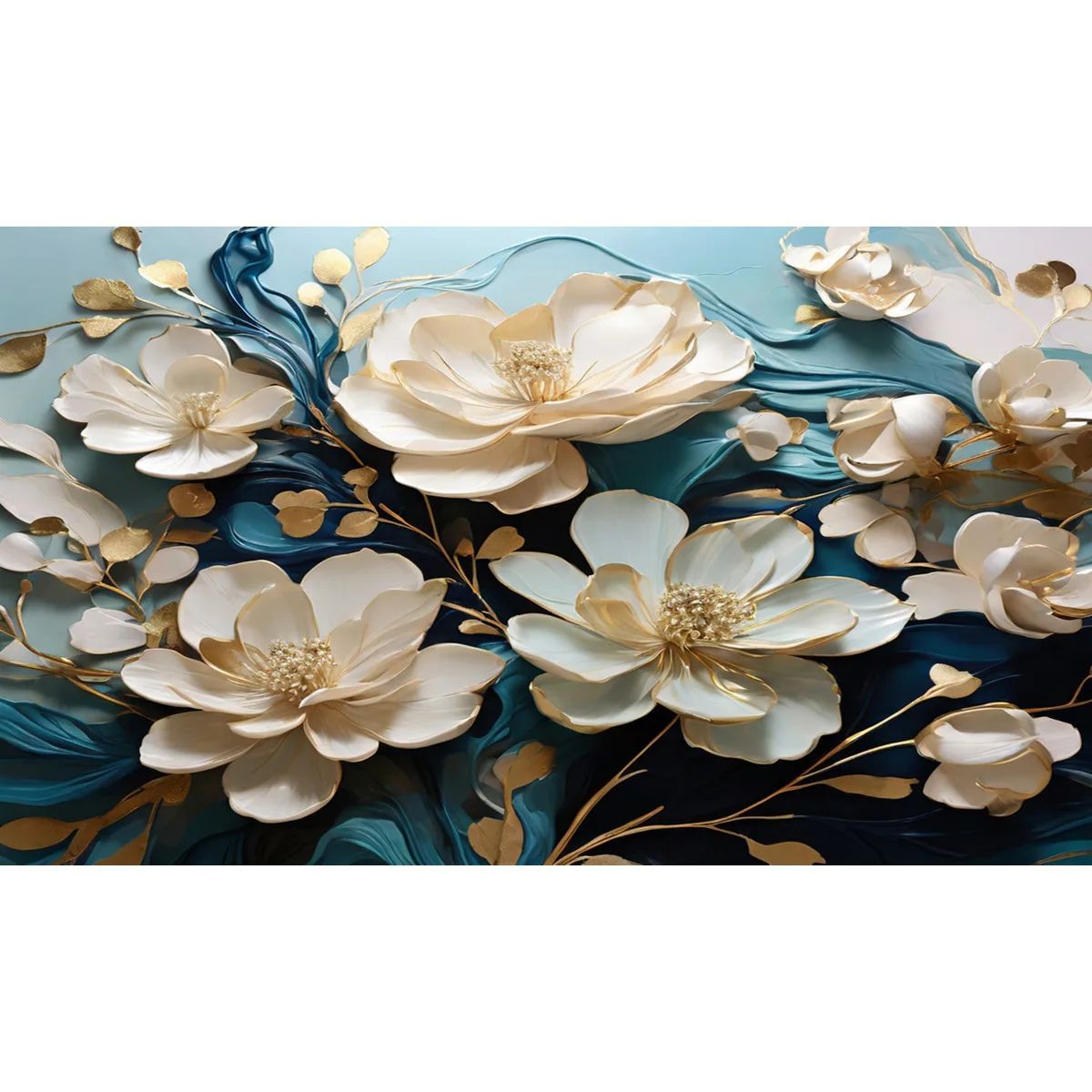 GENERICO - Cuadro Decorativo Fondo Azul Flores Doradas Para Sala Comedor 120x70 Cm