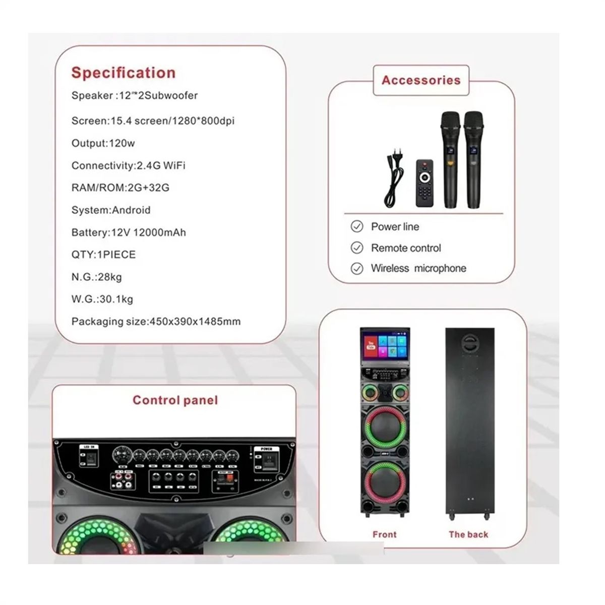 GENERICO - Parlante de Fiesta con Pantalla Tactil 15 4 Pulgadas y Control Remoto