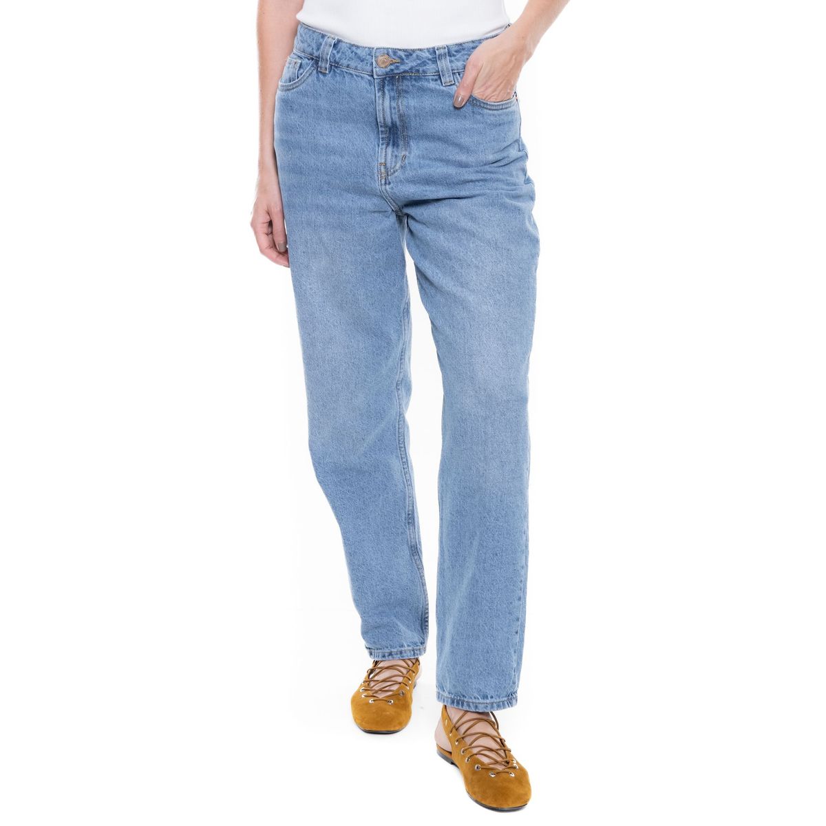 COLOR BLUE - High Waist Mom Fit Jeans Tono Claro
