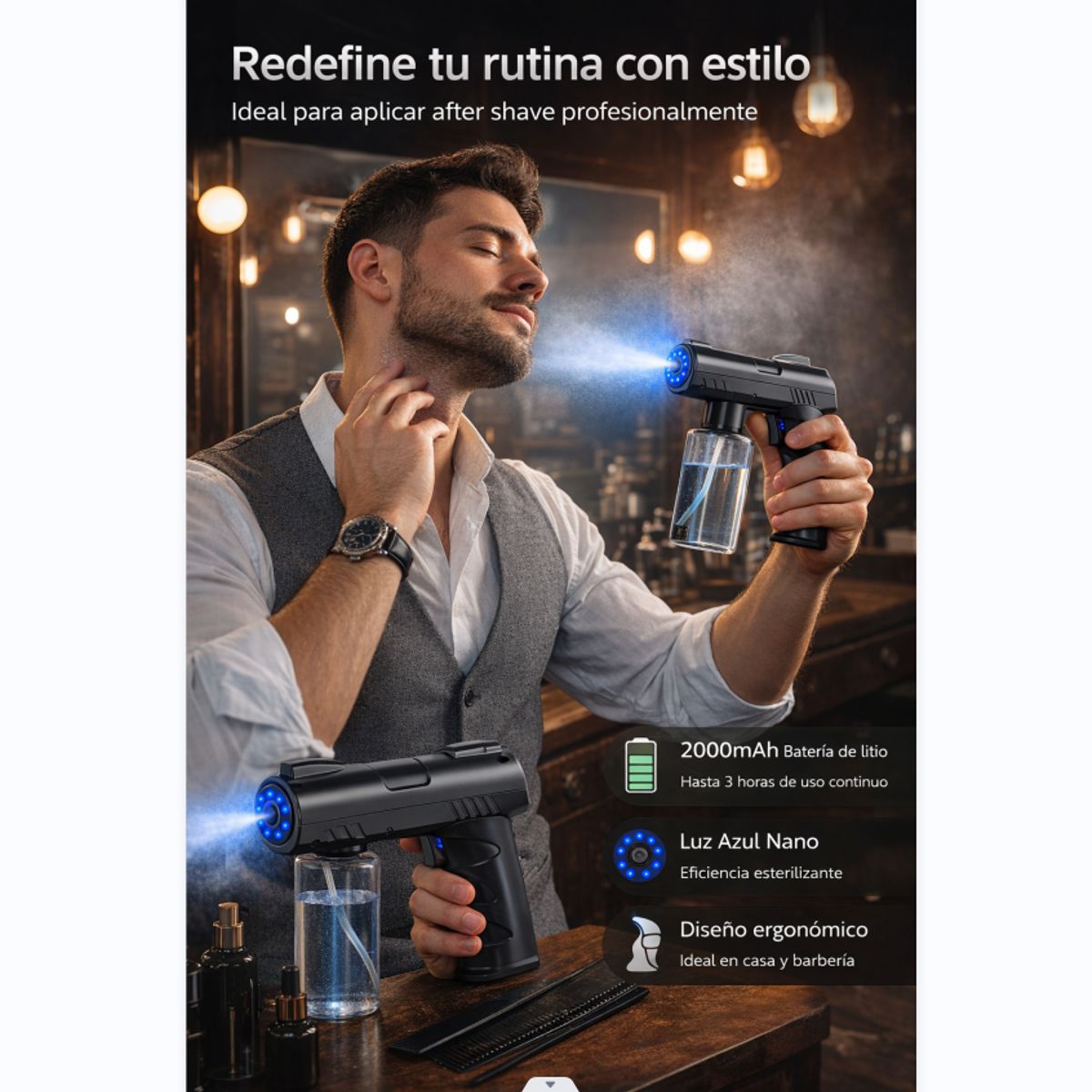 GENERICO - Pistola Pulverizadora Eléctrica After Shave Con Luz Azul NanO 5v