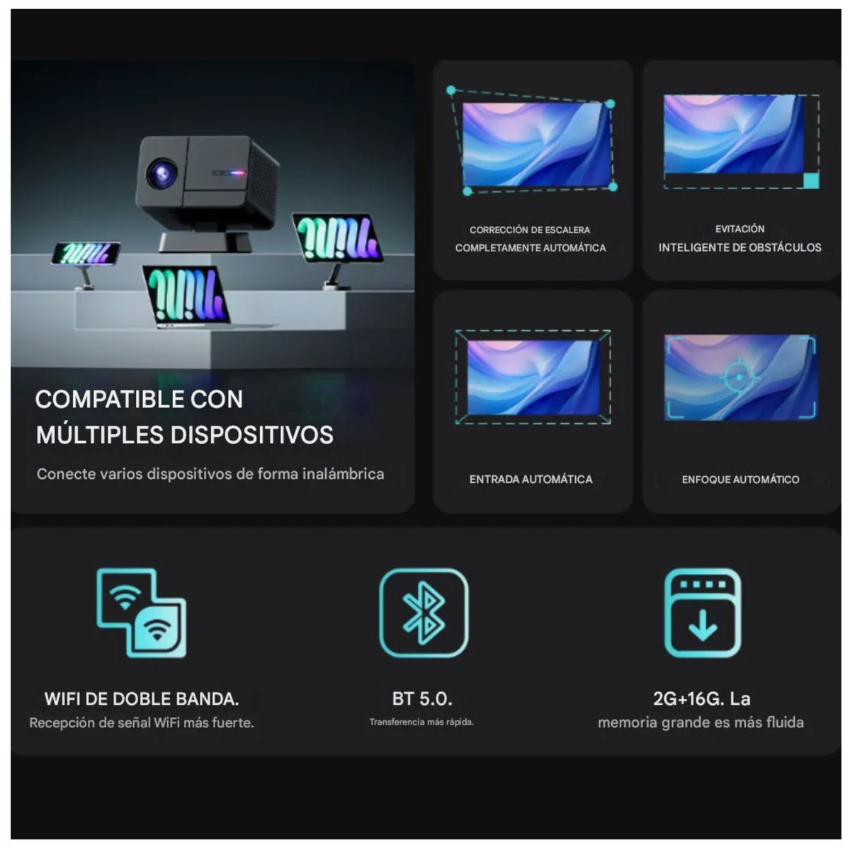 COLME TECHNOLOGY HOME - Proyector P50 4k 1080p 800 Ansi Auto Focus Android Bluetooh