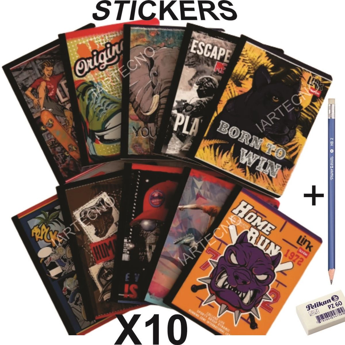 SCRIBE - Cuadernos x10 Unidades Cosidos 100 Hojas Cuadriculados Con Stickers MASCULINO