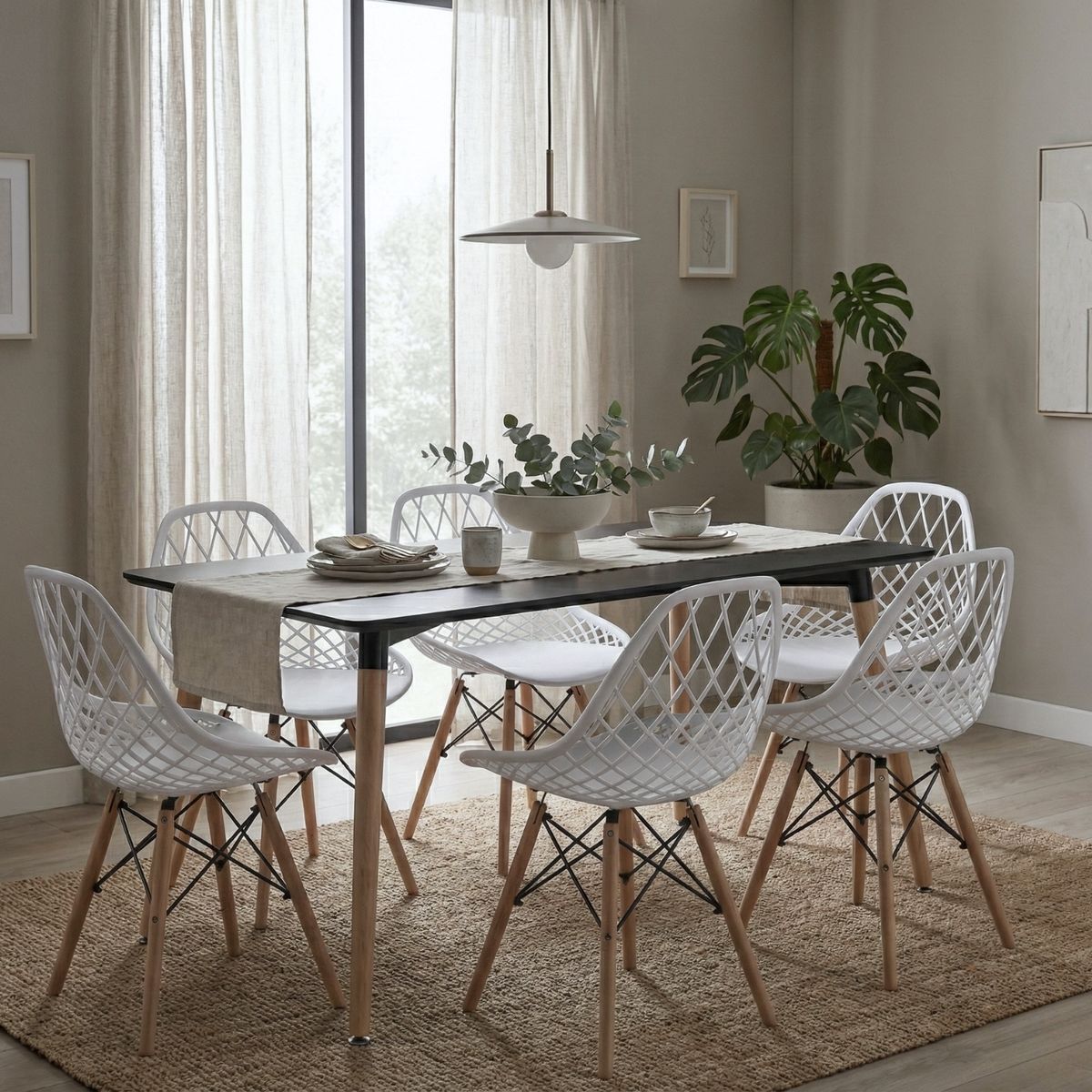 GENERICO - Juego De Comedor Alba Con Mesa Rectangular De Madera Negra Y 6 Sillas Blancas