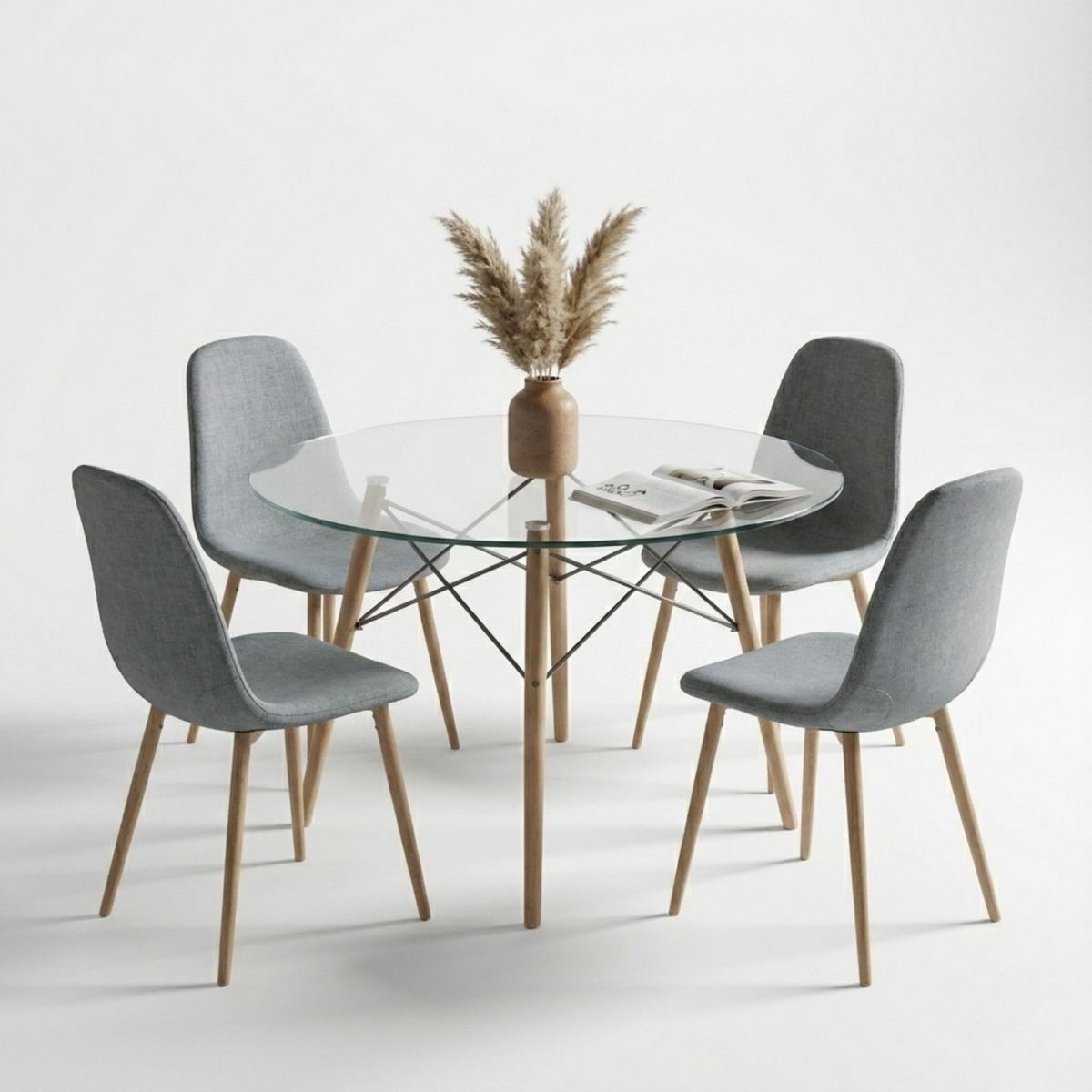 ENTRE NOS HOME - Juego de Comedor Lía Entre Nos Home 4 Puestos Mesa Redonda Vidrio 90cm y Sillas Gris Niebla