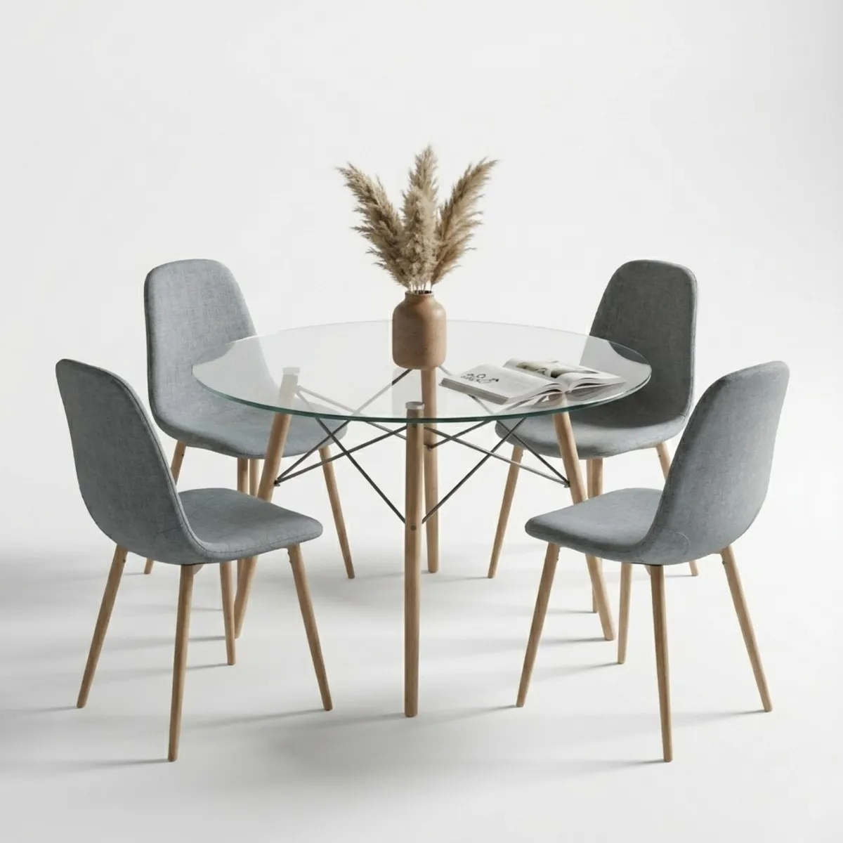 ENTRE NOS HOME - Juego de Comedor Lía Entre Nos Home 4 Puestos Mesa Redonda Vidrio 90cm y Sillas Gris Niebla