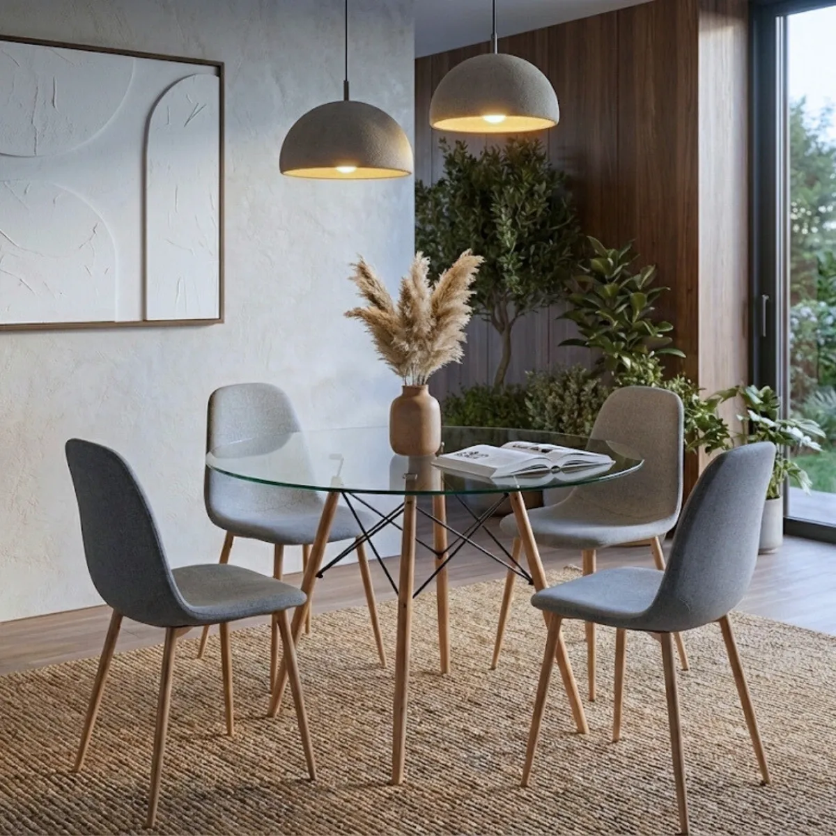 ENTRE NOS HOME - Juego de Comedor Lía Entre Nos Home 4 Puestos Mesa Redonda Vidrio 90cm y Sillas Gris Niebla