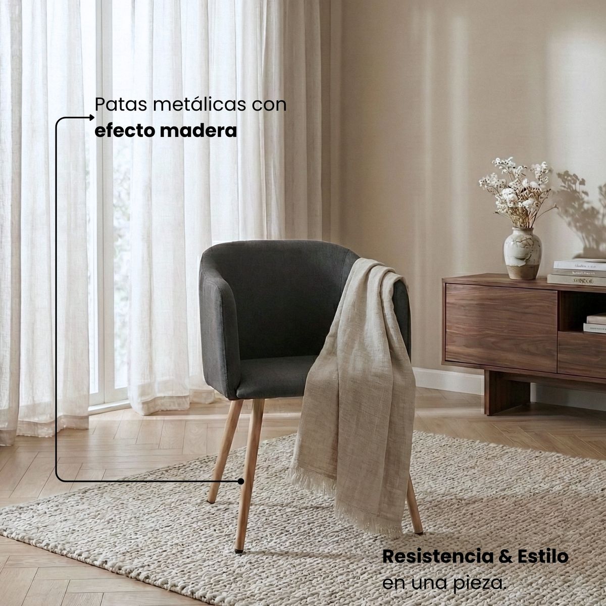ENTRE NOS HOME - Silla de Diseño Ambar Entre Nos Home Gris Grafito Tapizada en Lino Premium Patas Madera