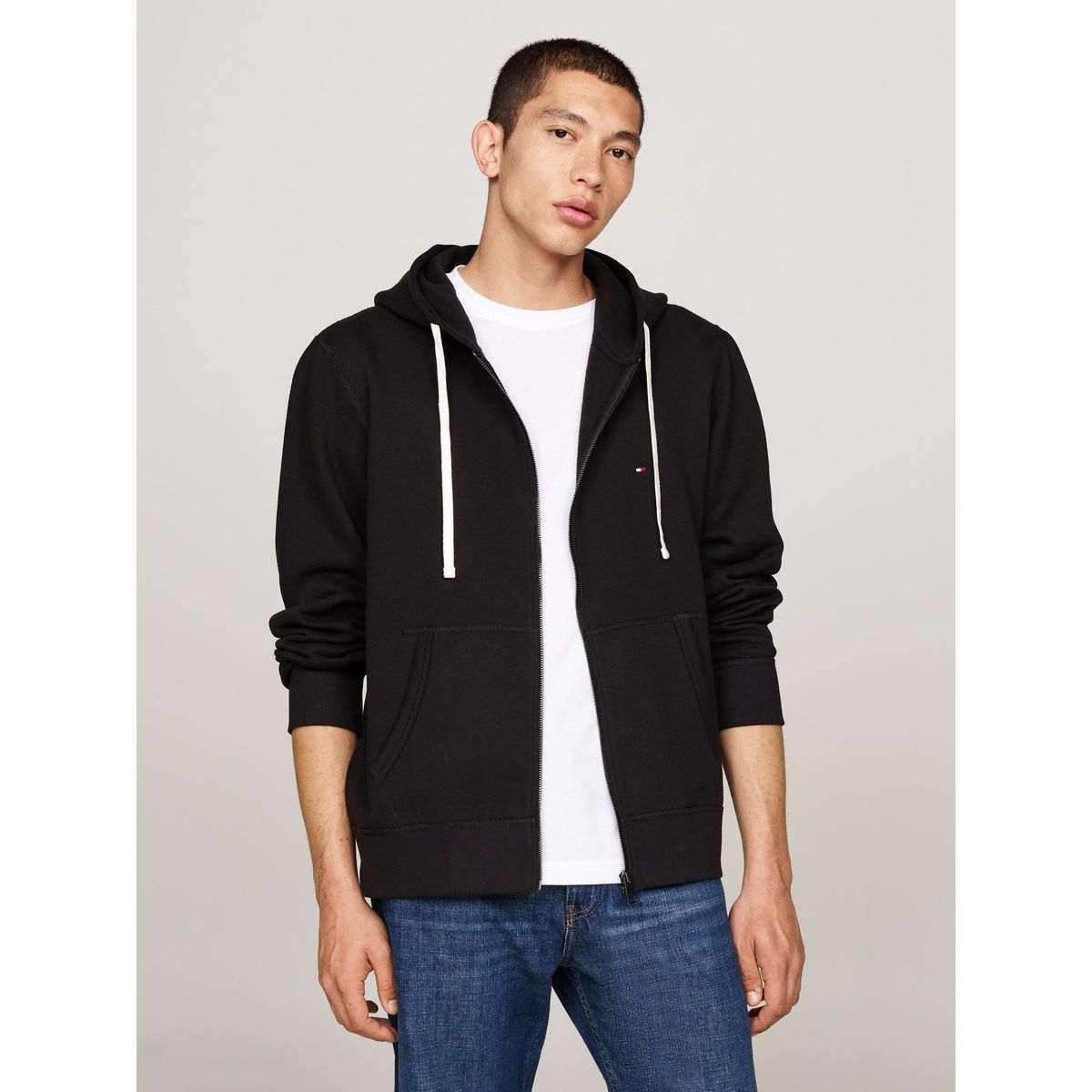 TOMMY HILFIGER - Buzo negro de felpa con capota y cremallera Tommy Hilfiger