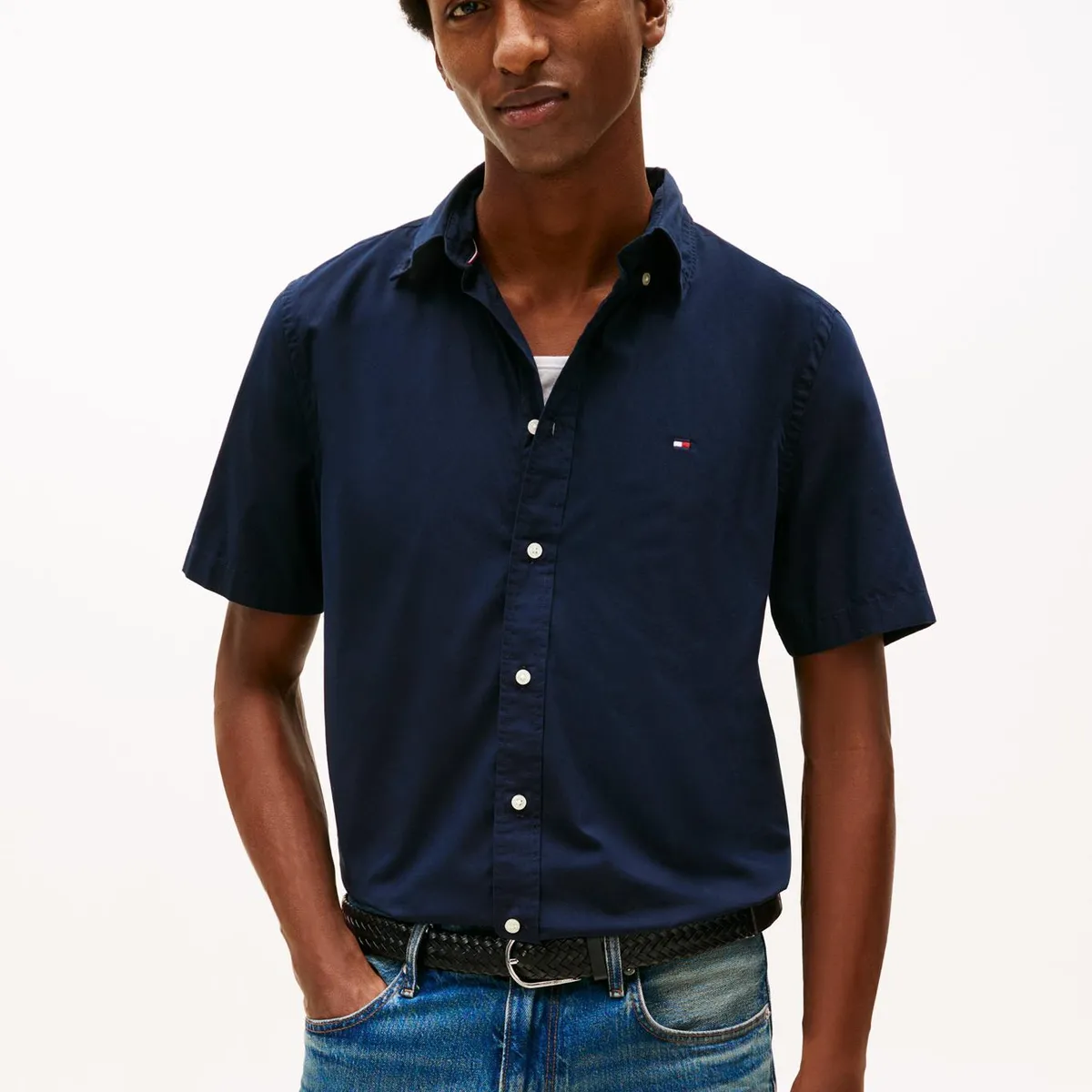 TOMMY HILFIGER - Camisa azul Flex Poplin Solid de manga corta Tommy Hilfiger
